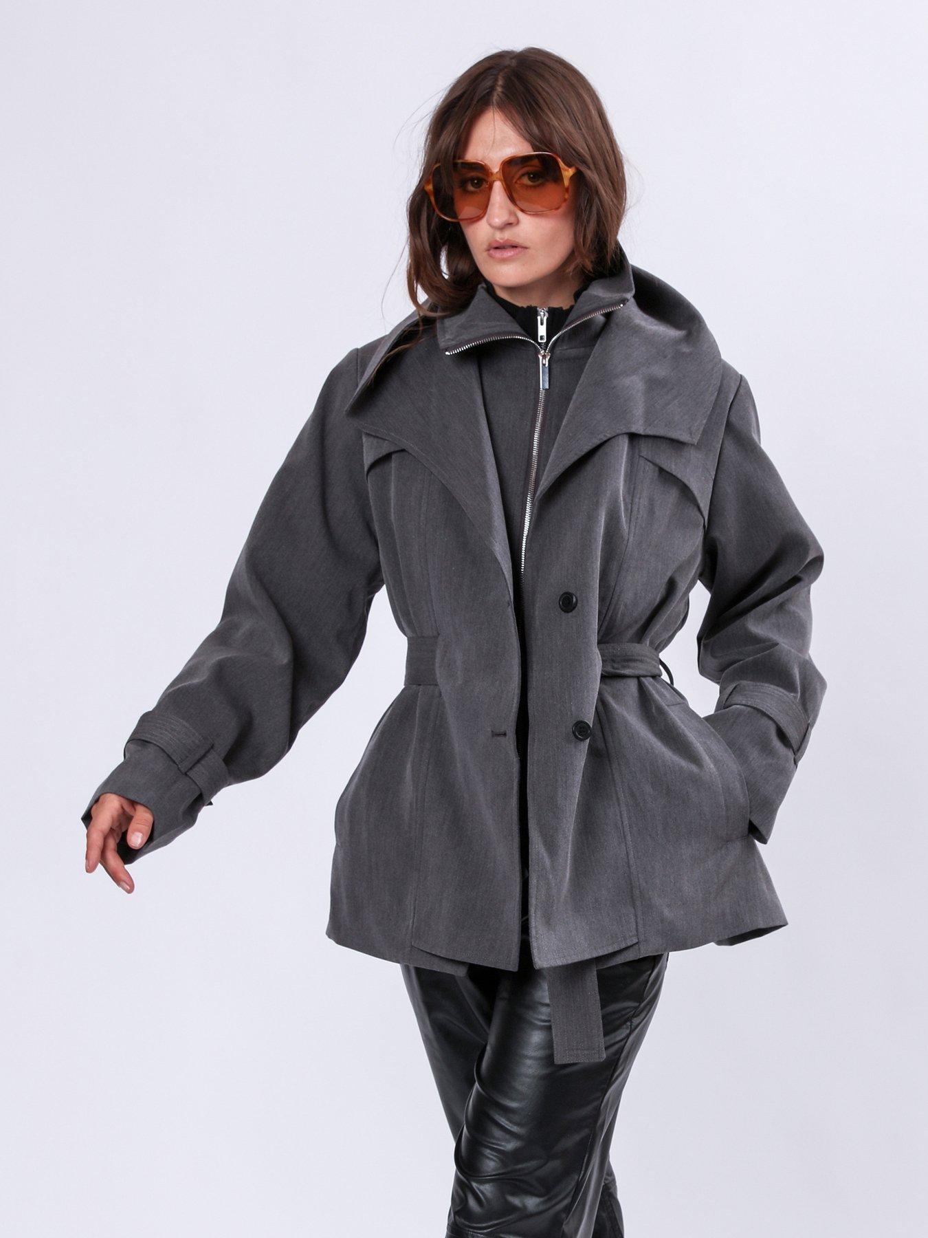 undefined Rhodium Trench Coat With Belt And Double Fastening In Structured Crepe