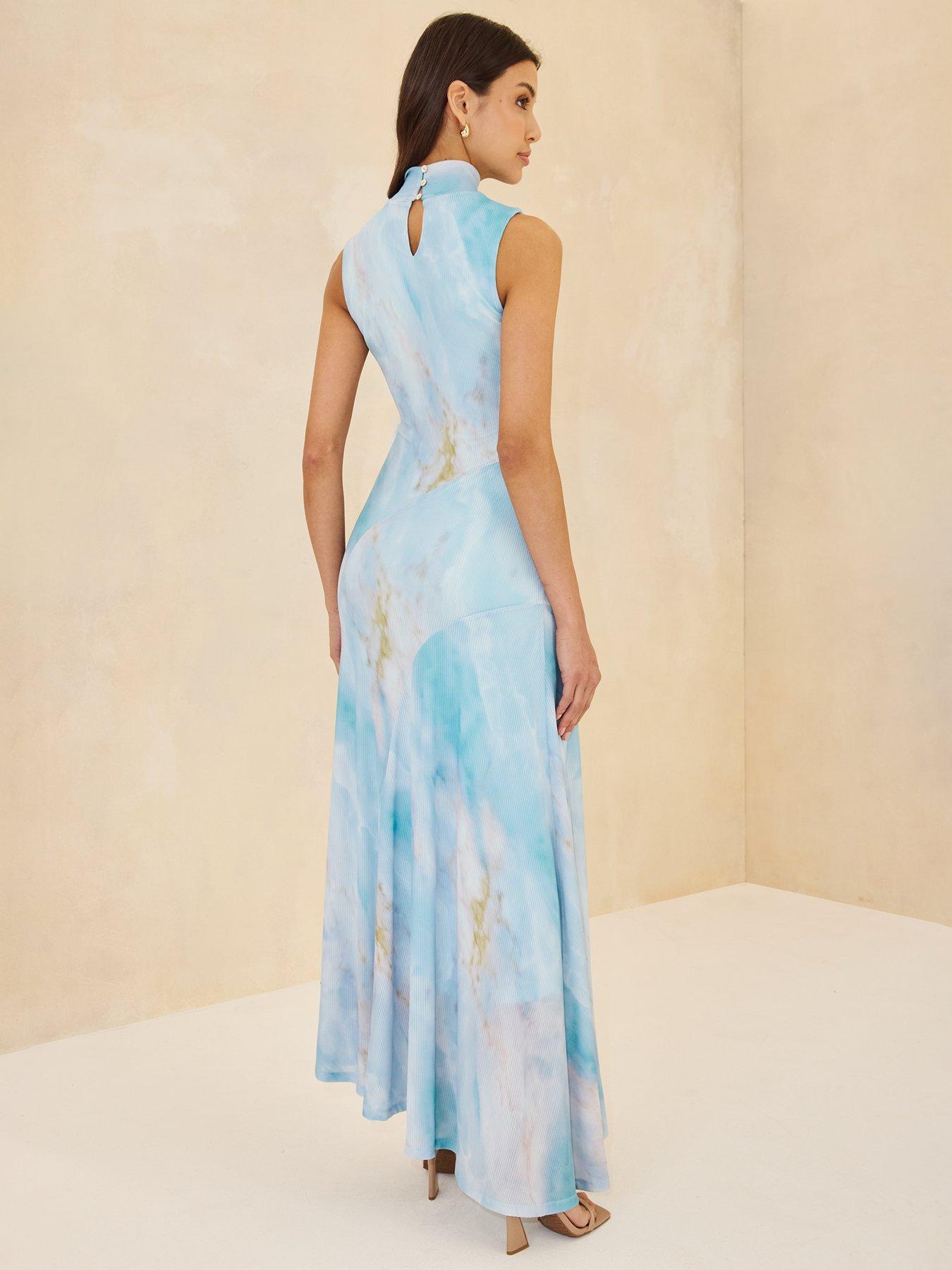  image of michelle-keegan-high-neck-printed-midaxi-dress-blue