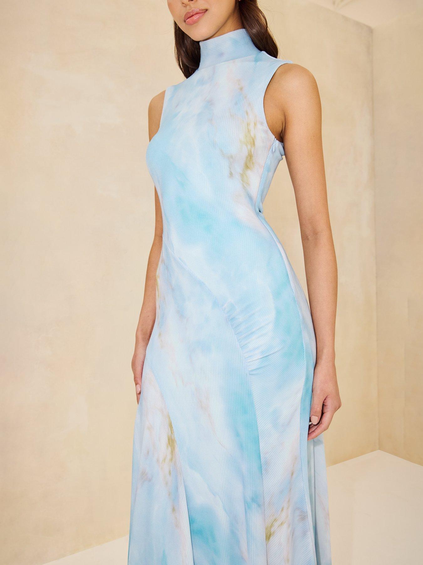  image of michelle-keegan-high-neck-printed-midaxi-dress-blue