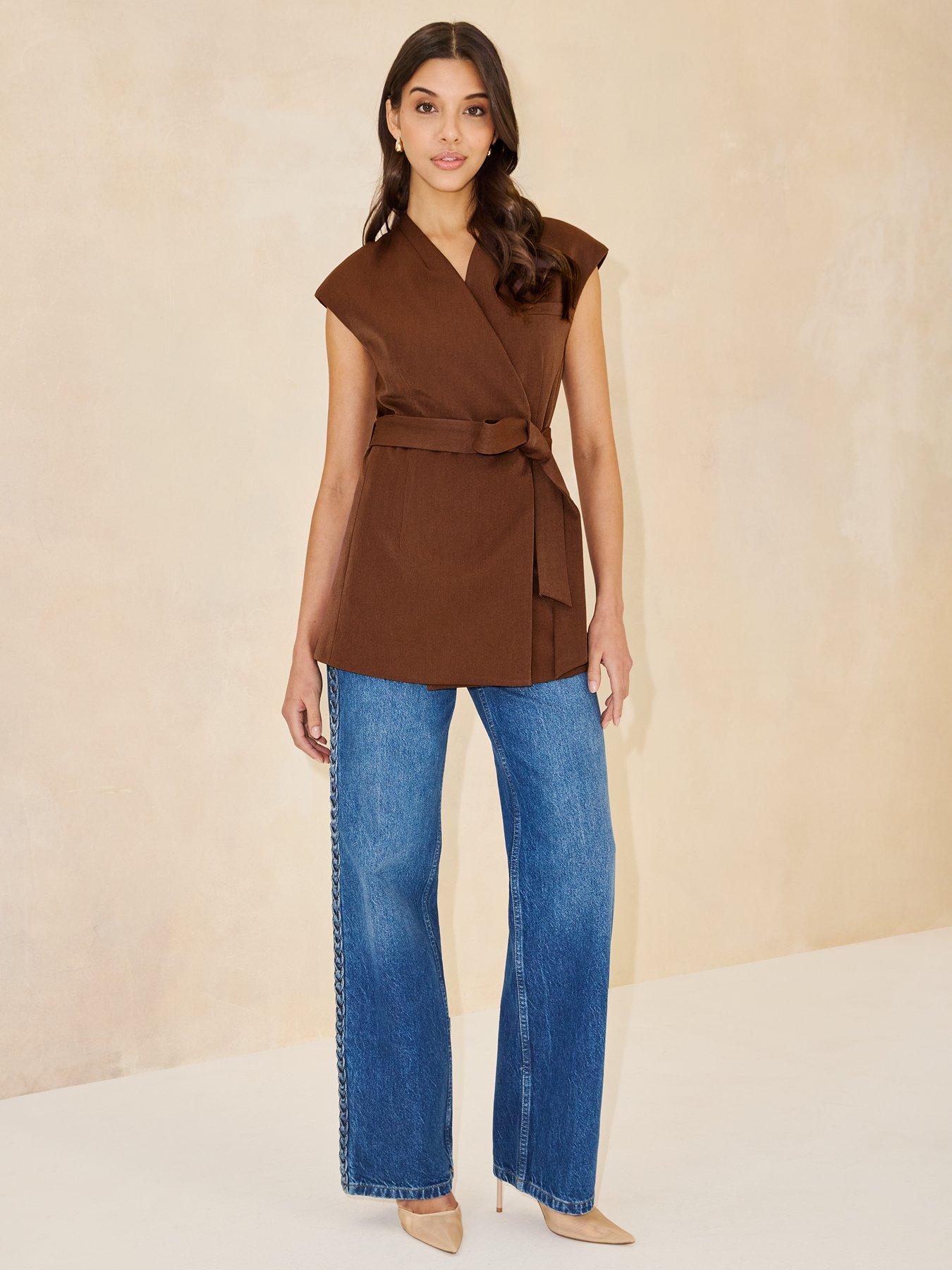  image of michelle-keegan-wrap-over-belt-waistcoat-brownnbsp