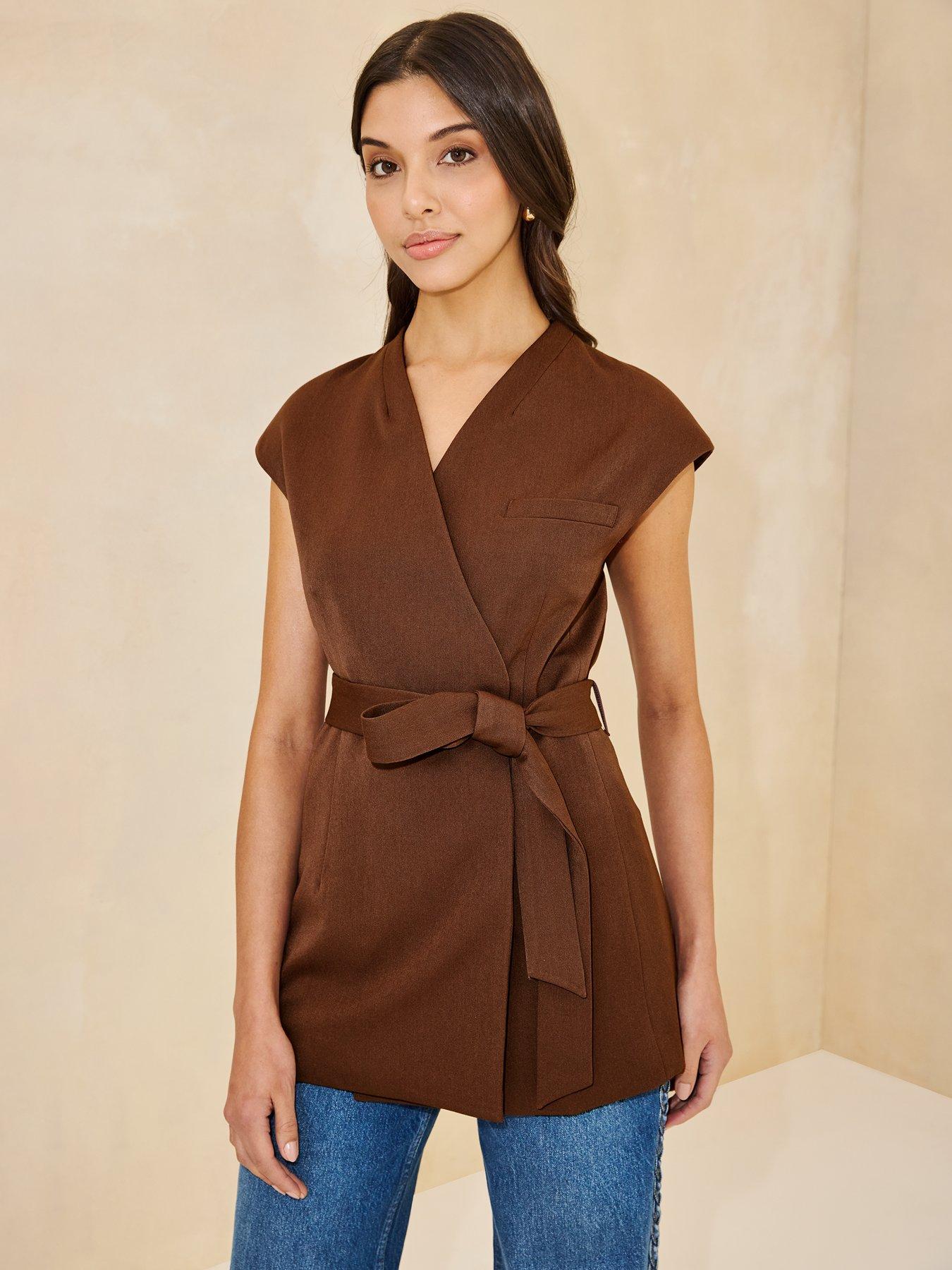  image of michelle-keegan-wrap-over-belt-waistcoat-brownnbsp