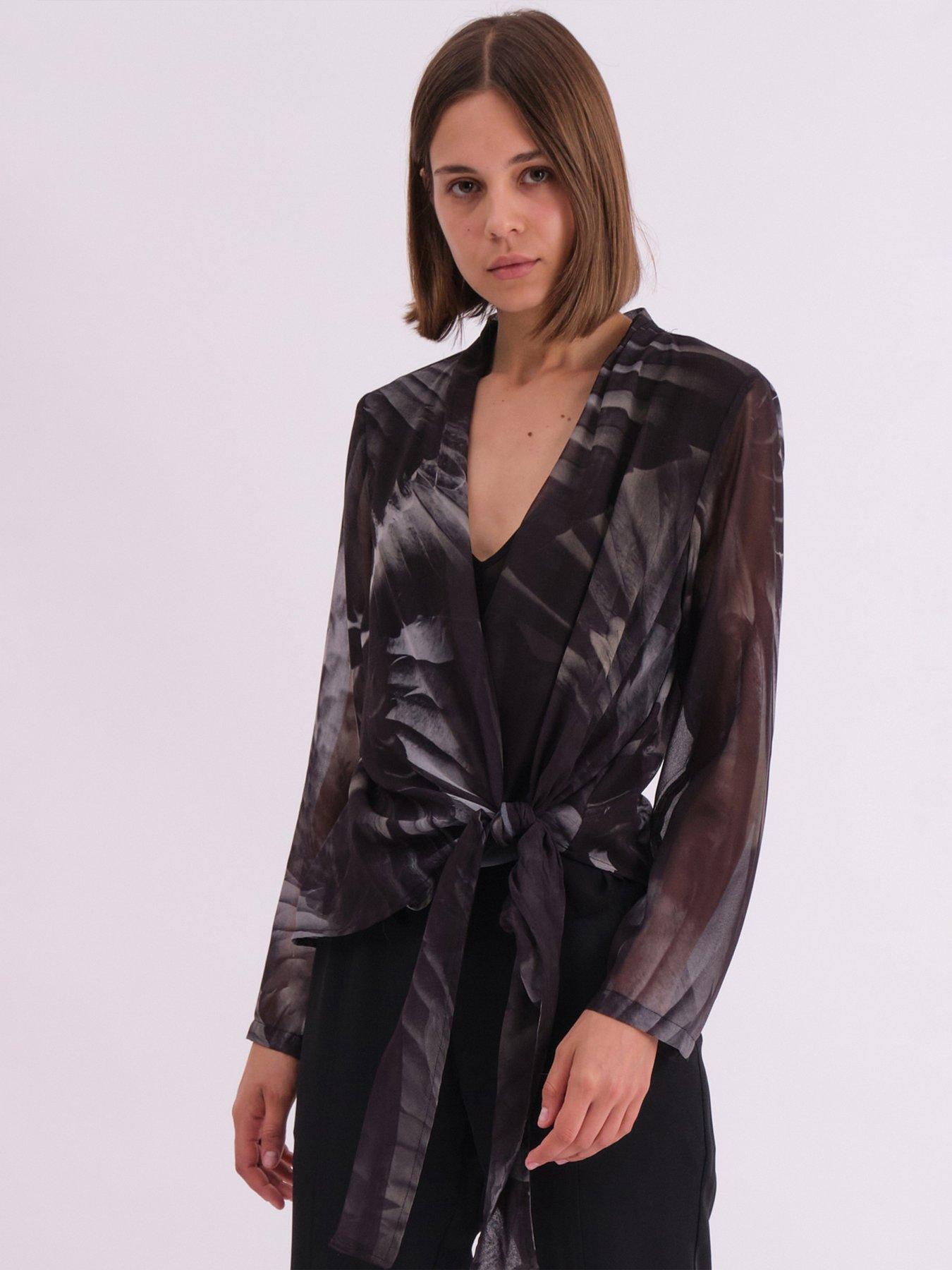 undefined Infinity Wrap Top With Tie Front In Hand-painted Prints - Black/Khaki