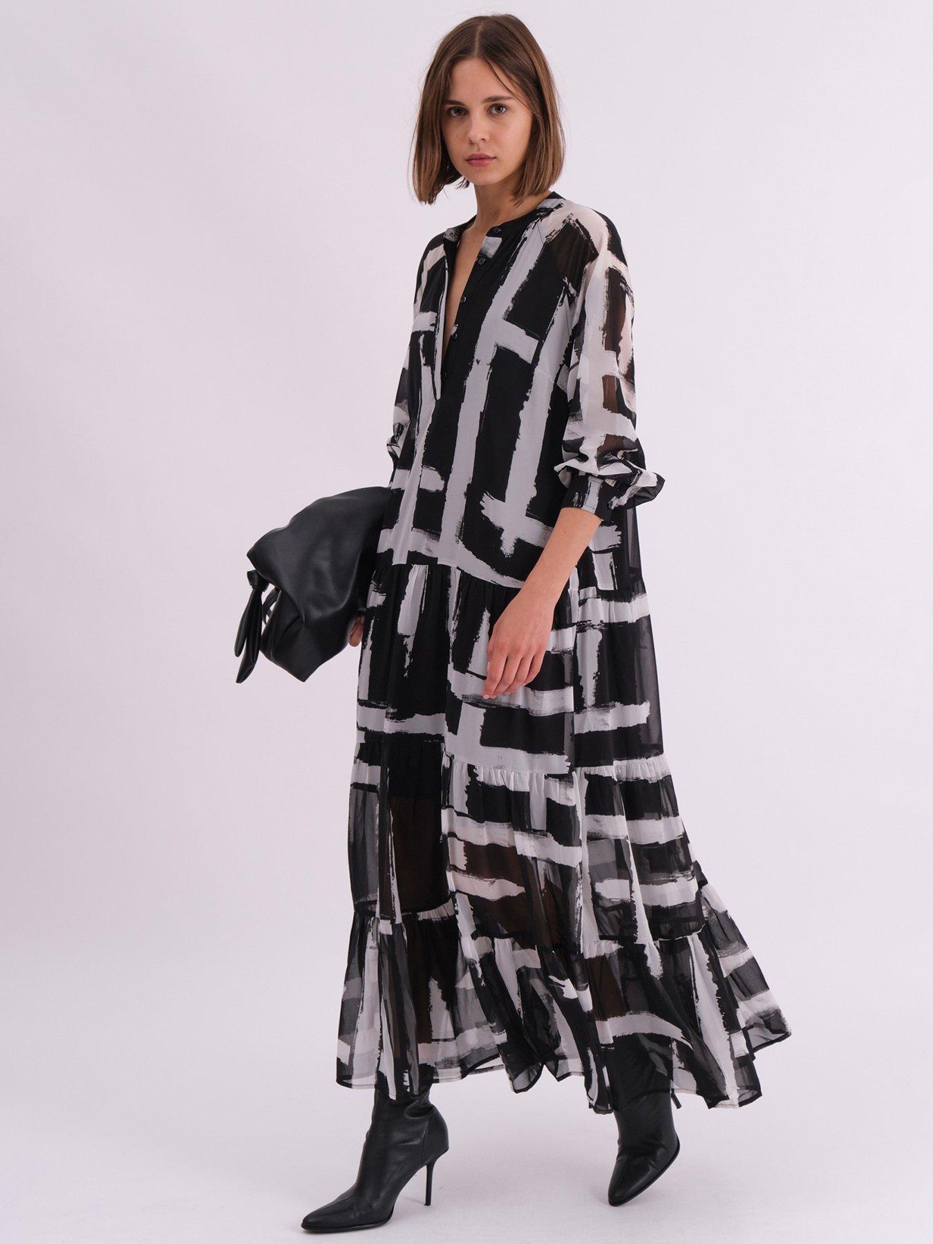 undefined Sunset Maxi Shirt Dress With A Tiered Boho Style Skirt In Abstract Prints - Black