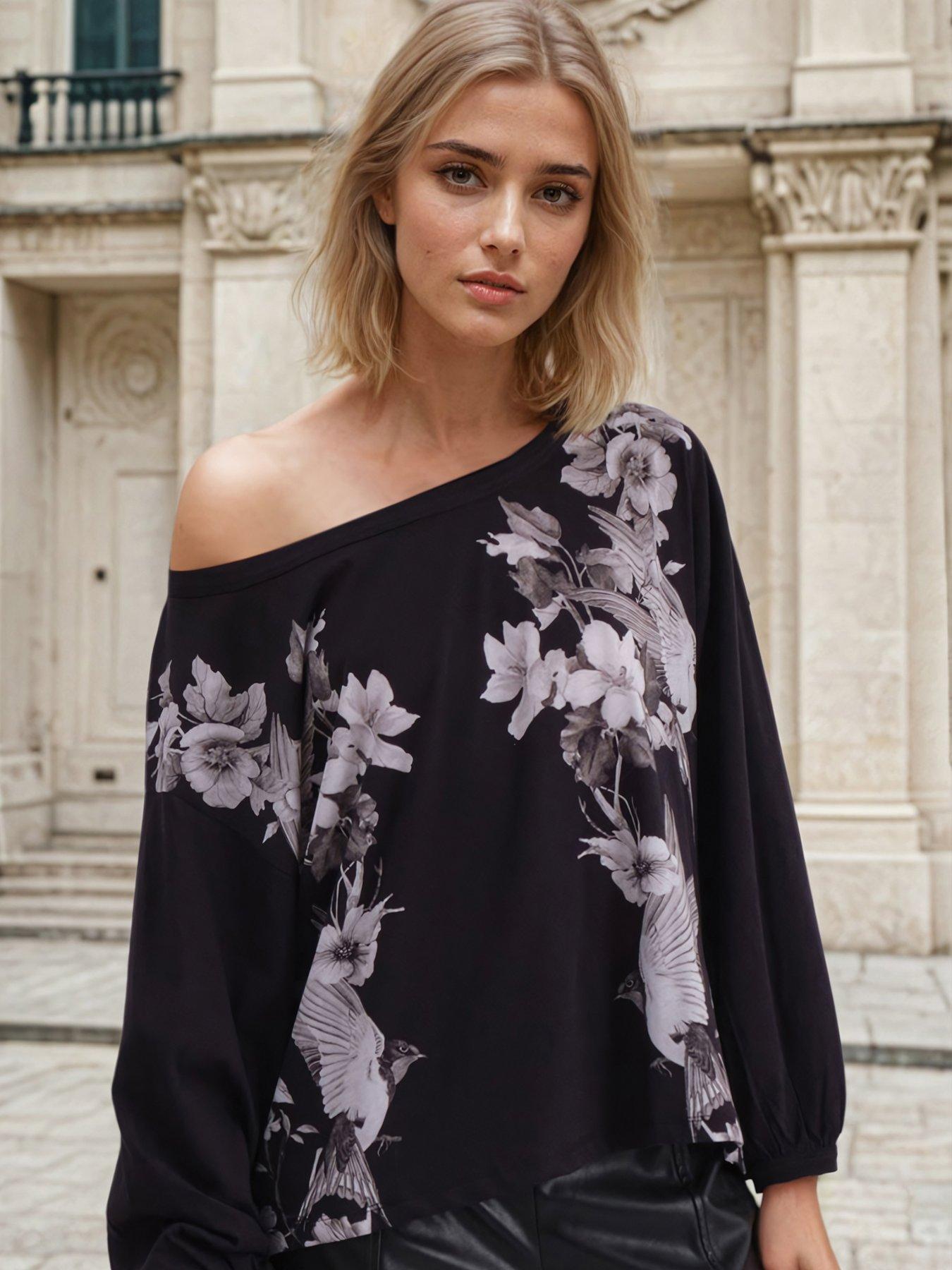undefined Off The Shoulder Inversion Top With Swallow Placement Print