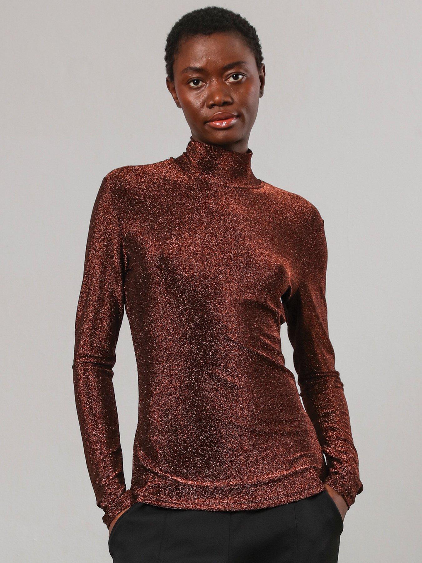 undefined Force Long Sleeve Lurex Roll Neck Top - Brown