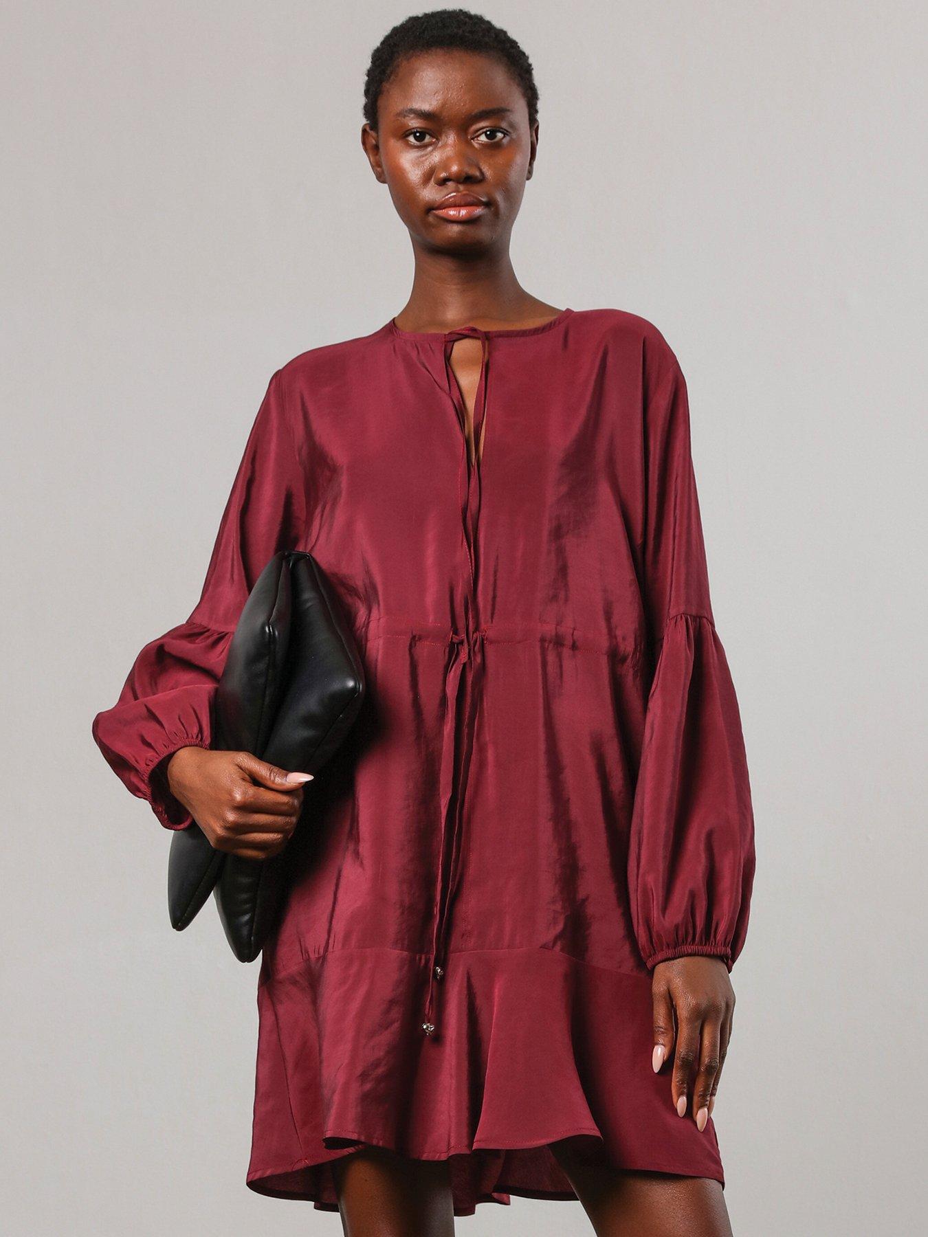 undefined Twist Mini Dress In Deep Burgundy With Tie Waist And Neck Tie