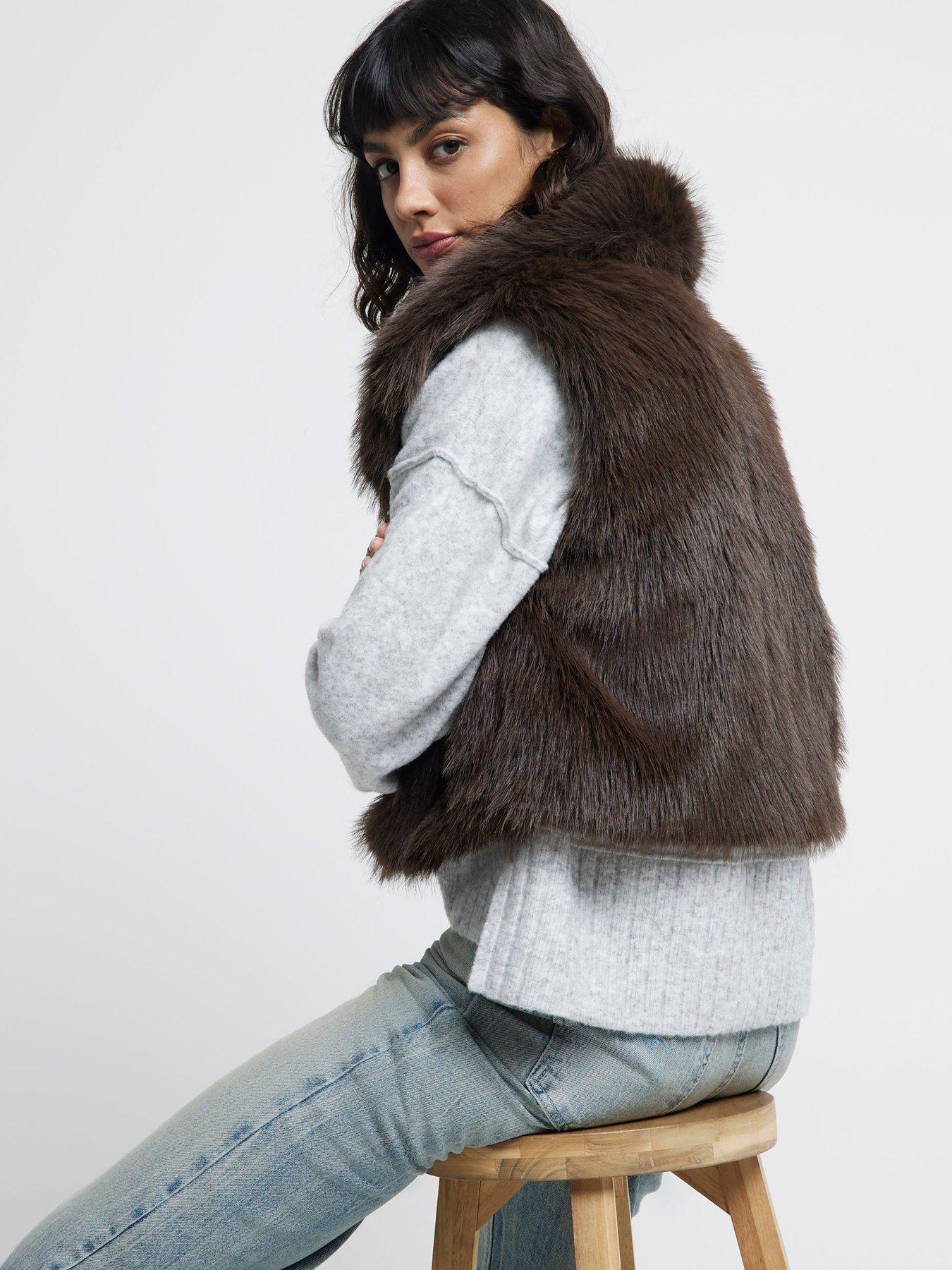River Island Short Faux Fur Gilet Dark Brown littlewoods