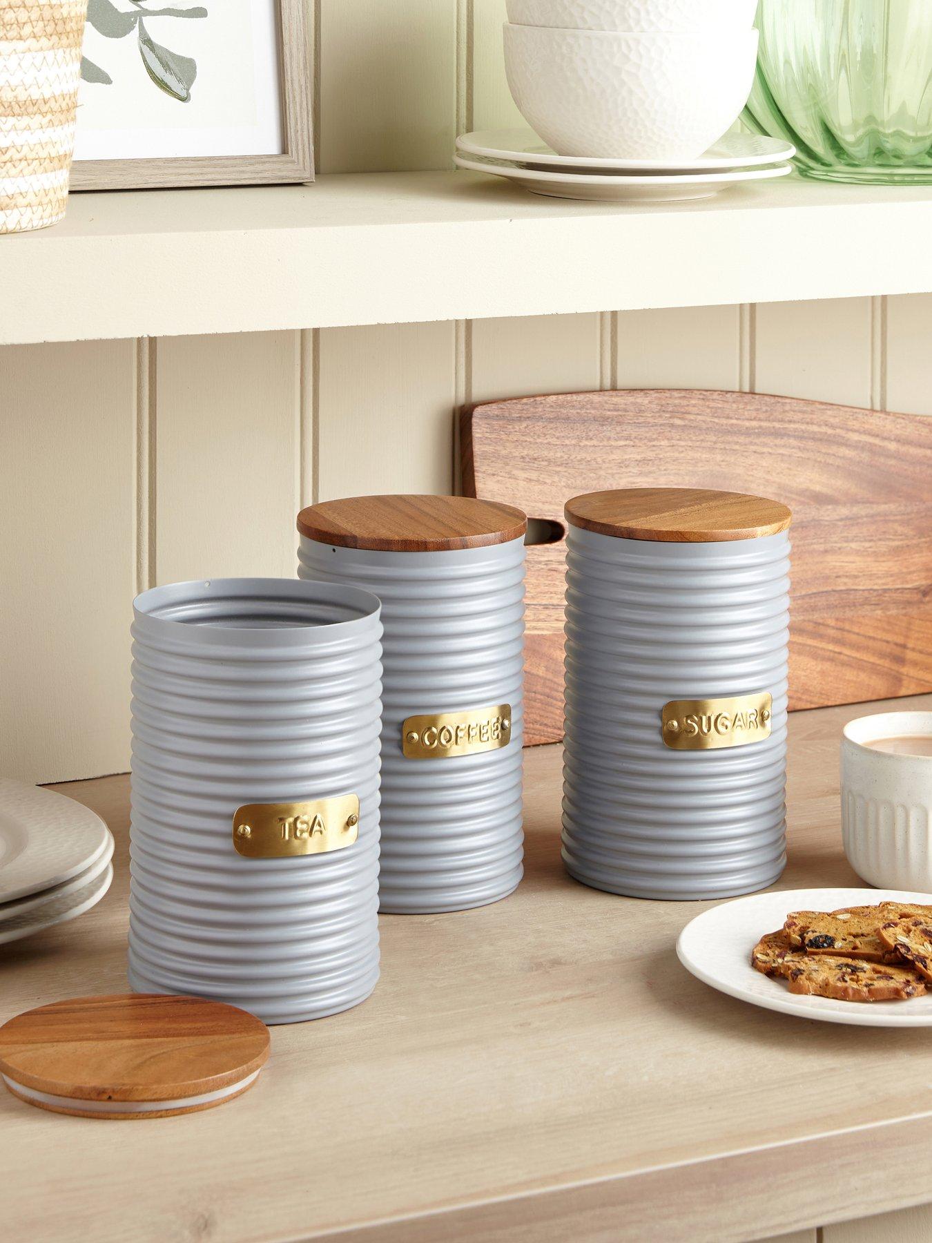 Very Home Set Of 3 Ribbed Tea/Coffee/Sugar Grey Canister - Lime Stone 16-4702 TPG