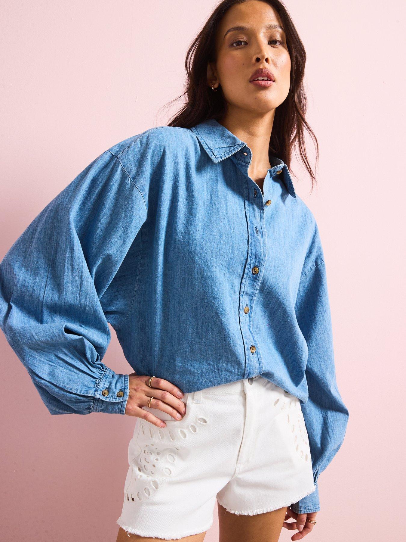 V by Very Volume Sleeve Soft Denim Shirt - Mid Wash