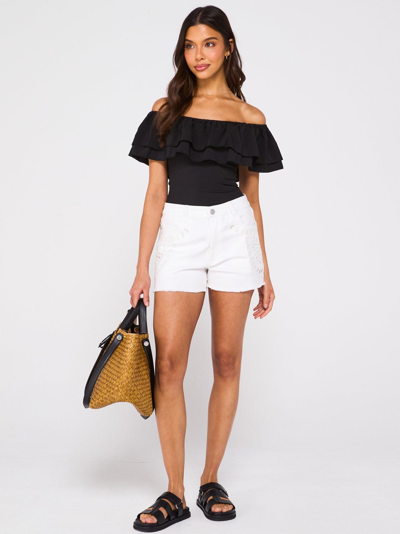  image of v-by-very-denim-cutwork-embroidery-shorts-white