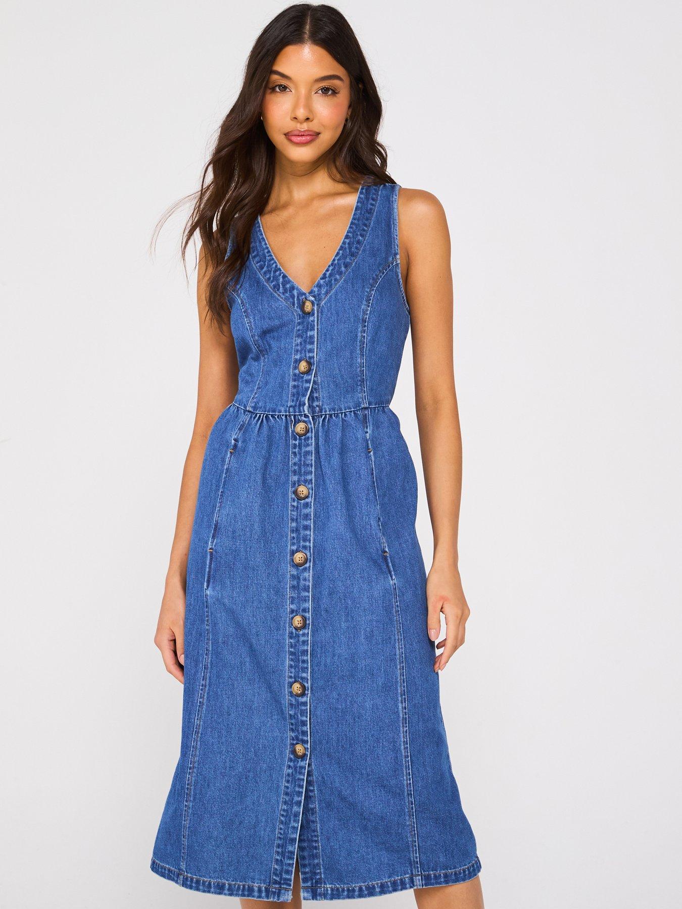 white christmas dresses Lyocell Blend Denim V-Neck Women Sleeveless Midi Dress – GOELIA