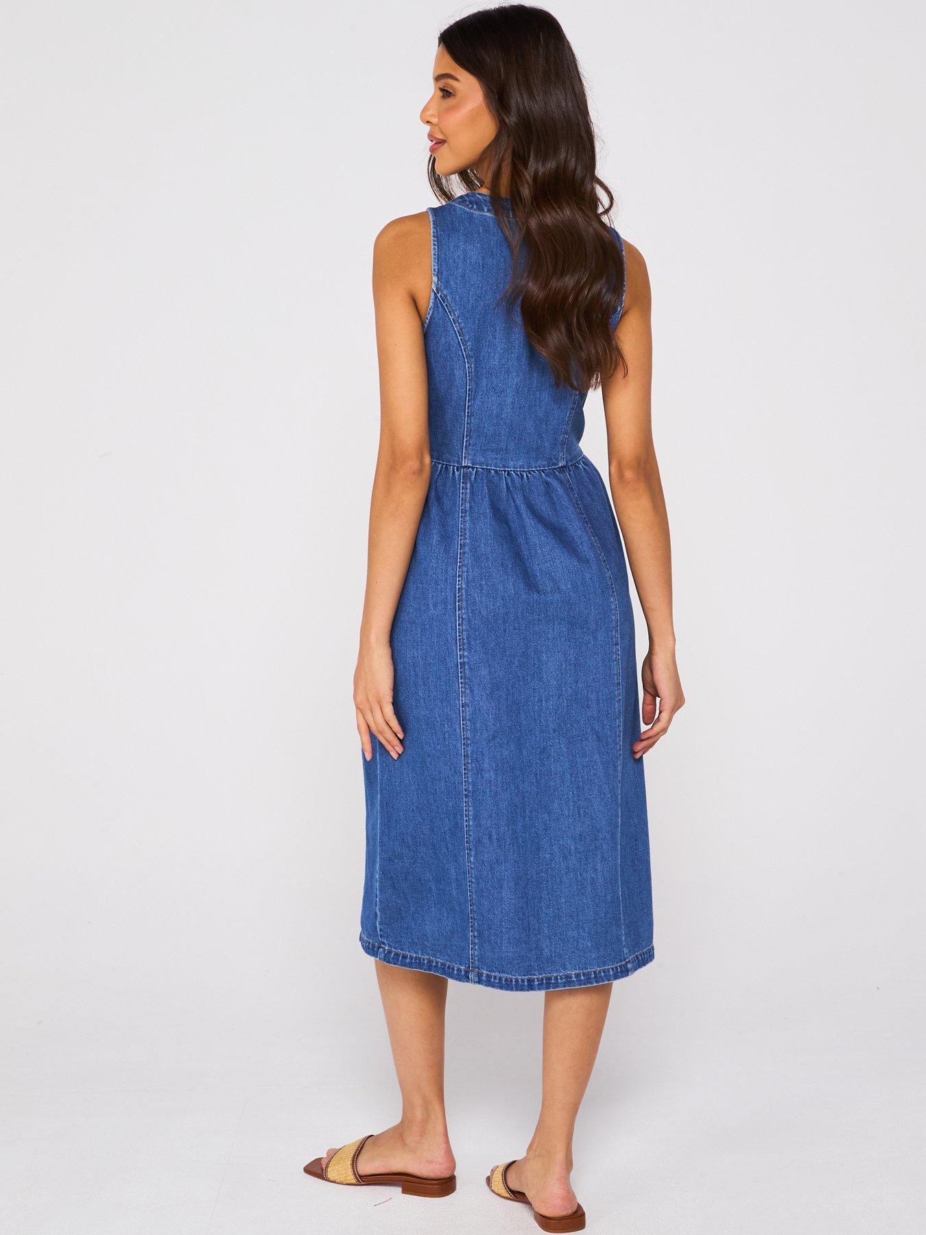  image of v-by-very-sleeveless-v-neck-denim-midi-dress-dark-wash