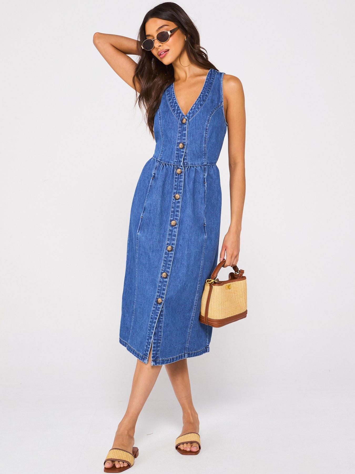  image of v-by-very-sleeveless-v-neck-denim-midi-dress-dark-wash