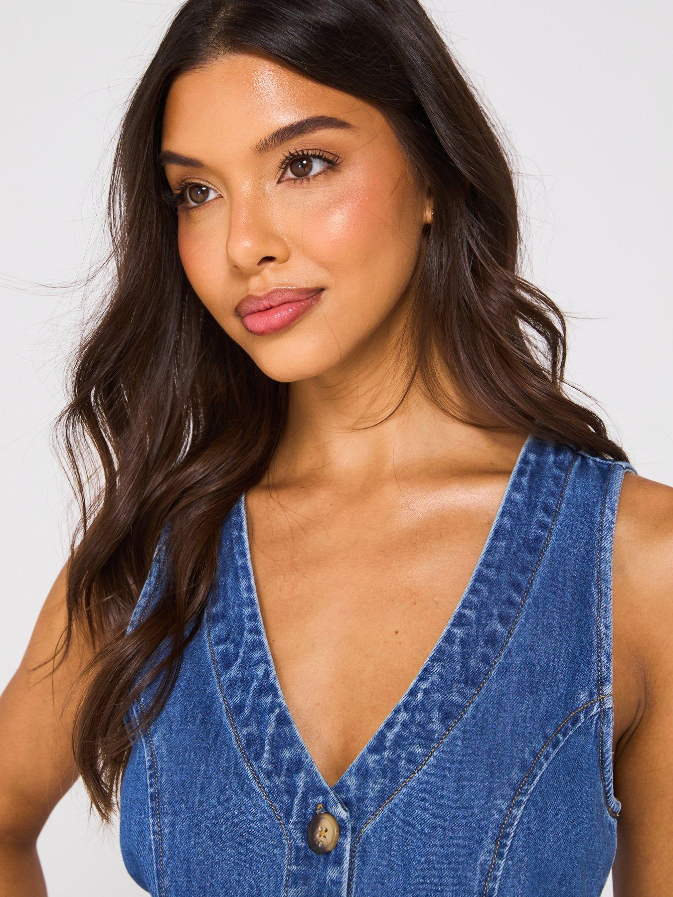  image of v-by-very-sleeveless-v-neck-denim-midi-dress-dark-wash
