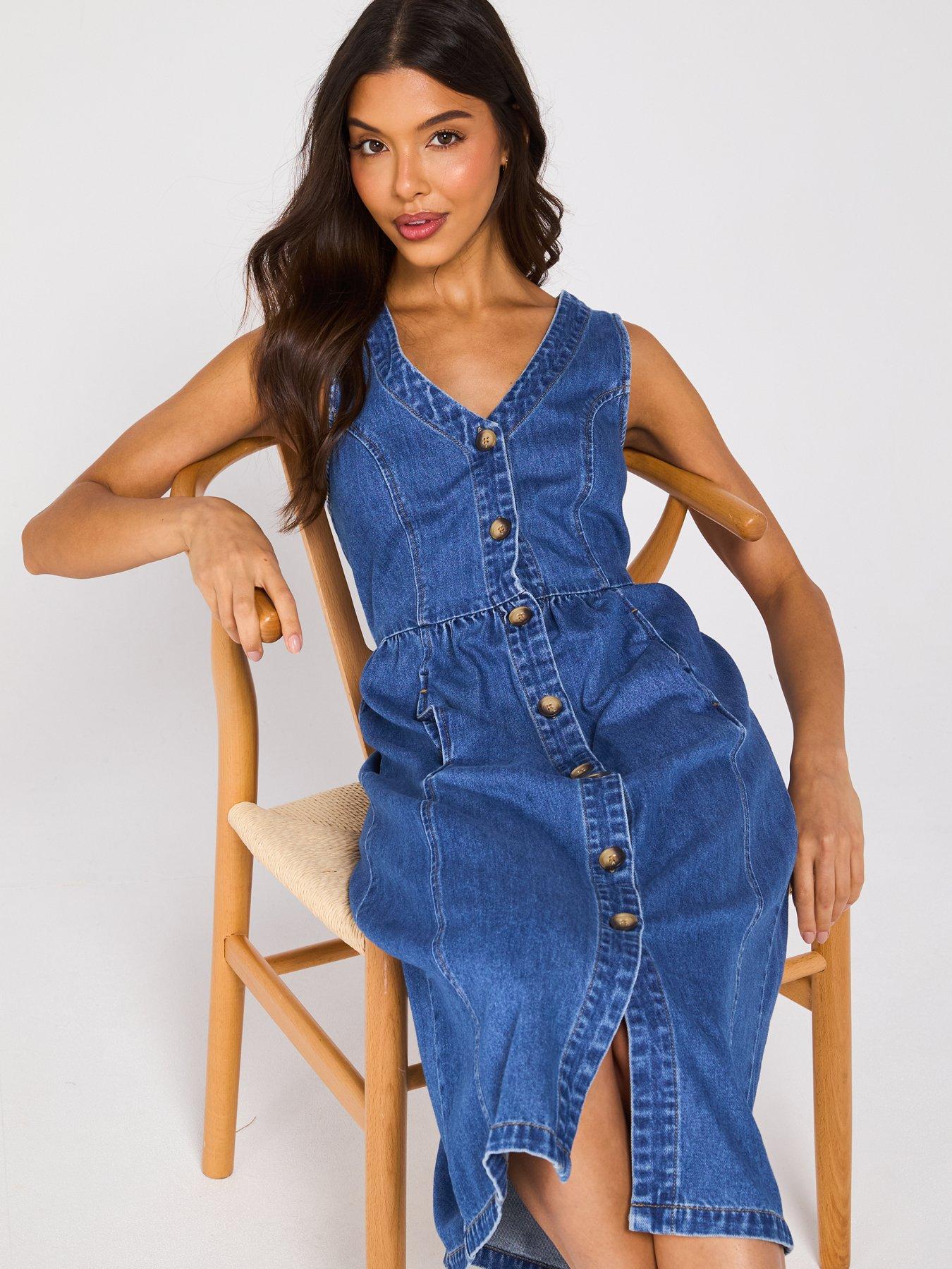  image of v-by-very-sleeveless-v-neck-denim-midi-dress-dark-wash