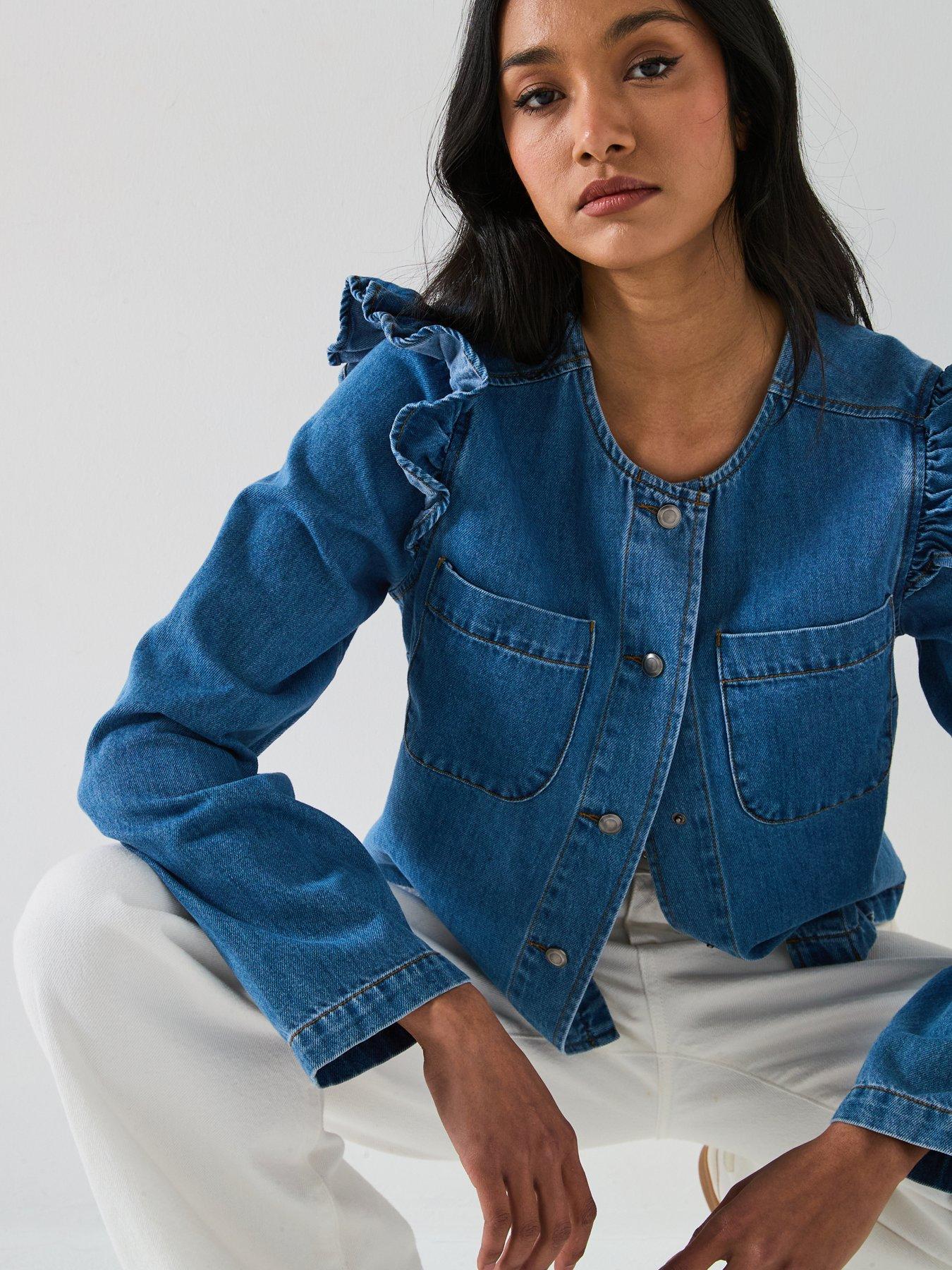  image of v-by-very-denim-ruffle-trophy-jacketbr-nbsp-mid-wash