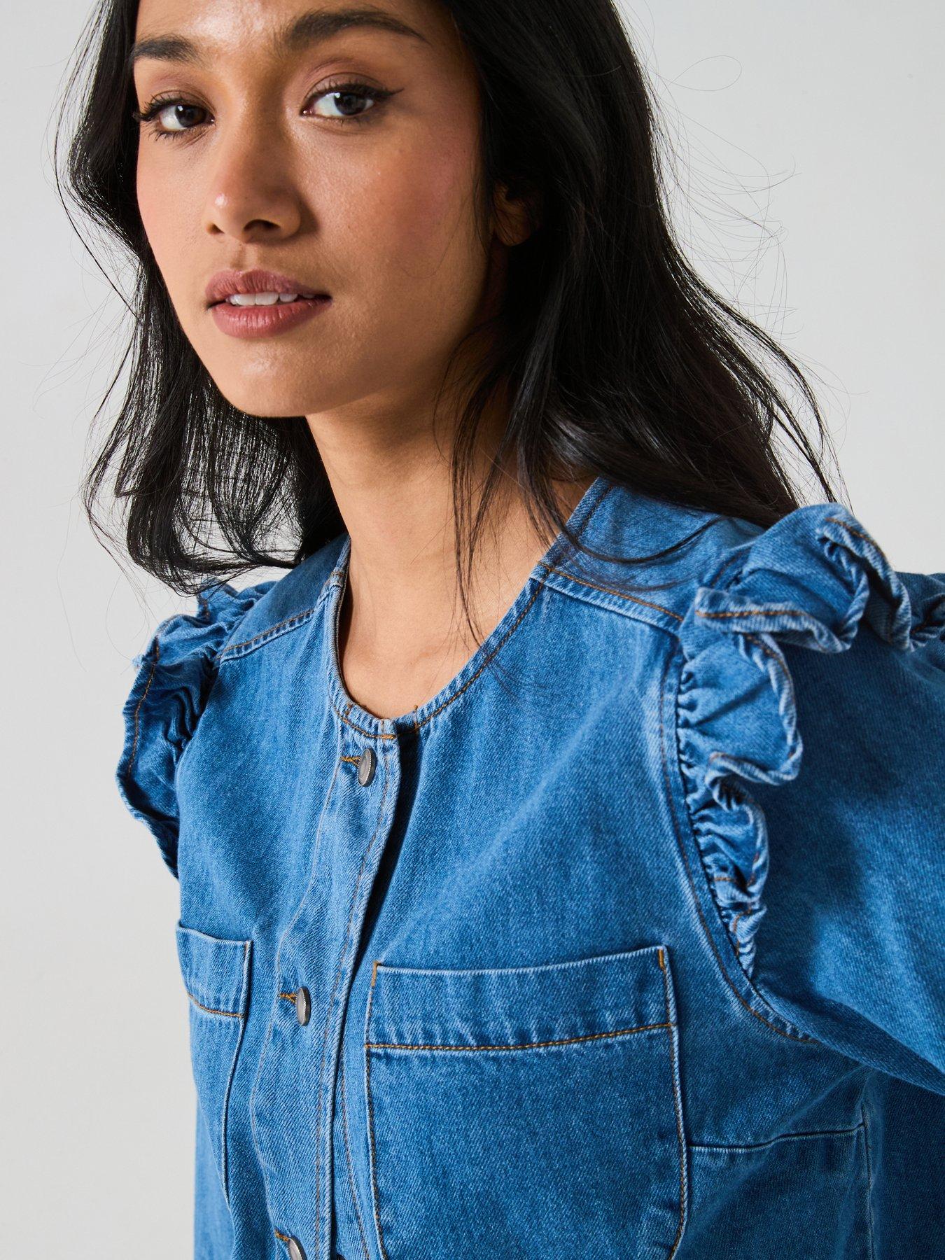  image of v-by-very-denim-ruffle-trophy-jacketbr-nbsp-mid-wash