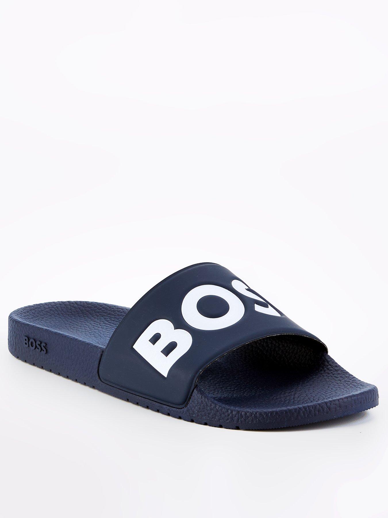 Image 1 of 7 of BOSS Mens Aryeh Contrast Logo Slip-On Sliders - Navy/White