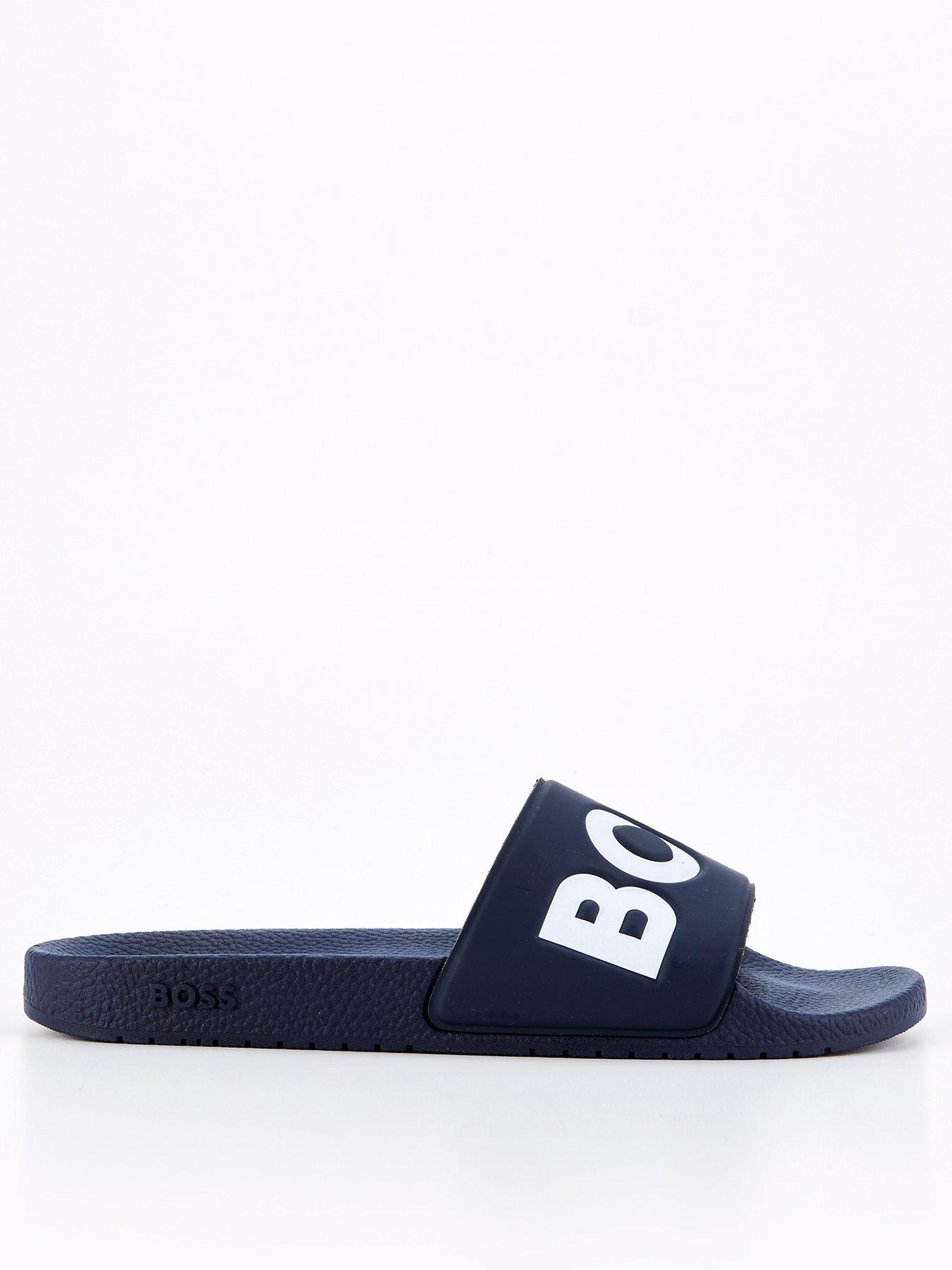 Image 3 of 7 of BOSS Mens Aryeh Contrast Logo Slip-On Sliders - Navy/White