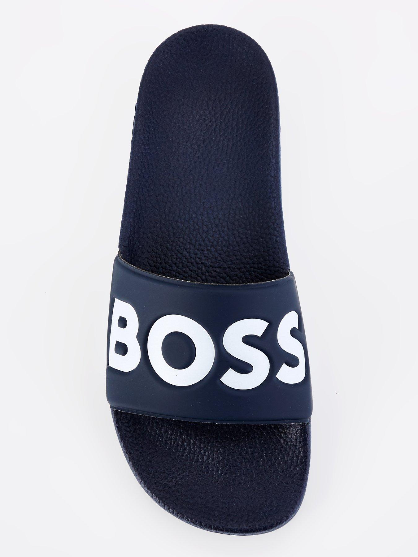 Image 4 of 7 of BOSS Mens Aryeh Contrast Logo Slip-On Sliders - Navy/White