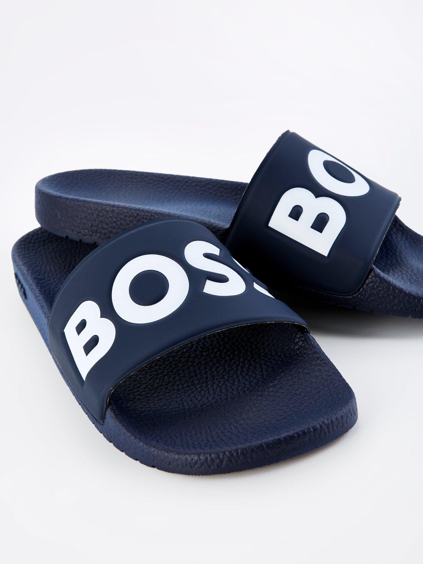 Image 6 of 7 of BOSS Mens Aryeh Contrast Logo Slip-On Sliders - Navy/White
