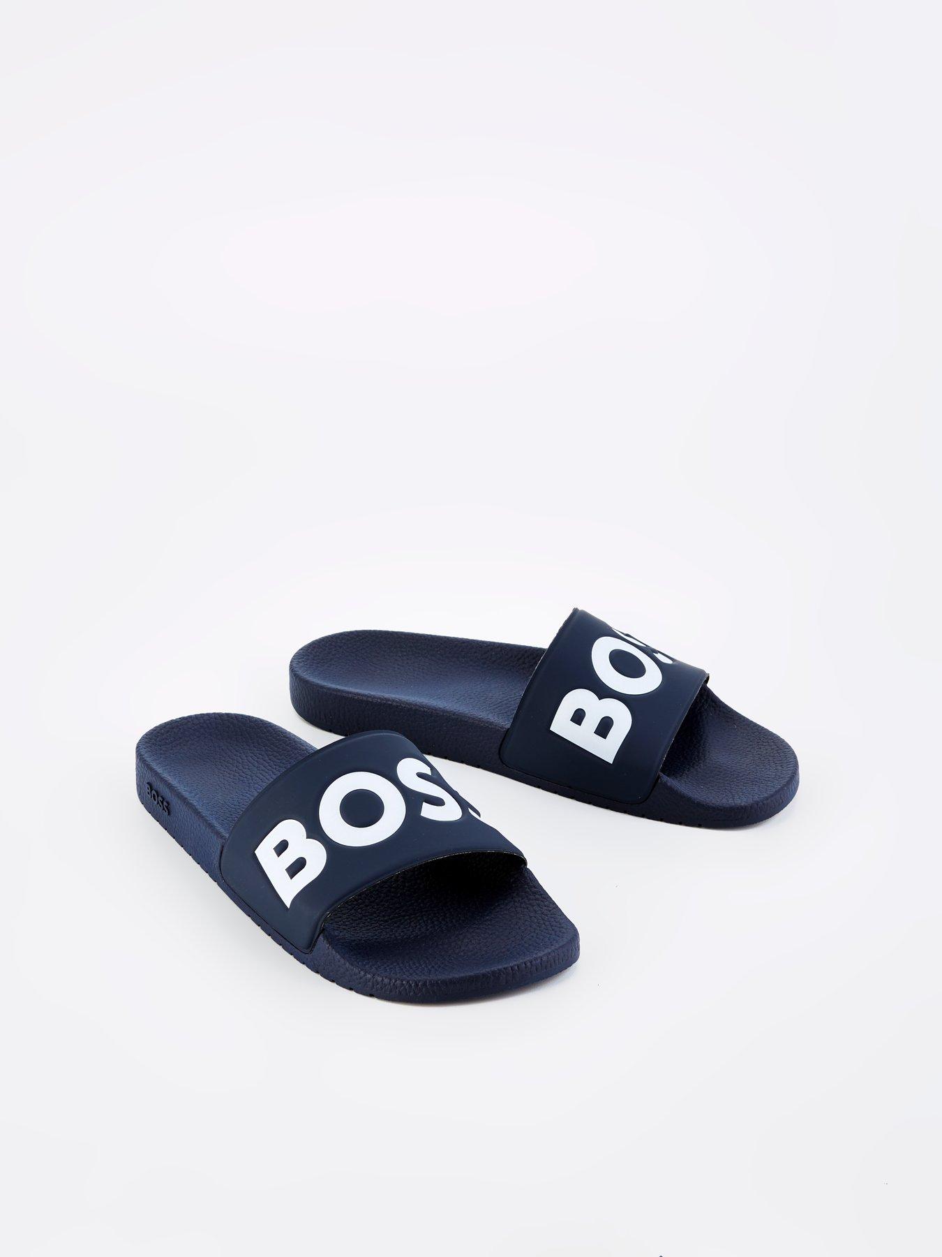 Image 7 of 7 of BOSS Mens Aryeh Contrast Logo Slip-On Sliders - Navy/White