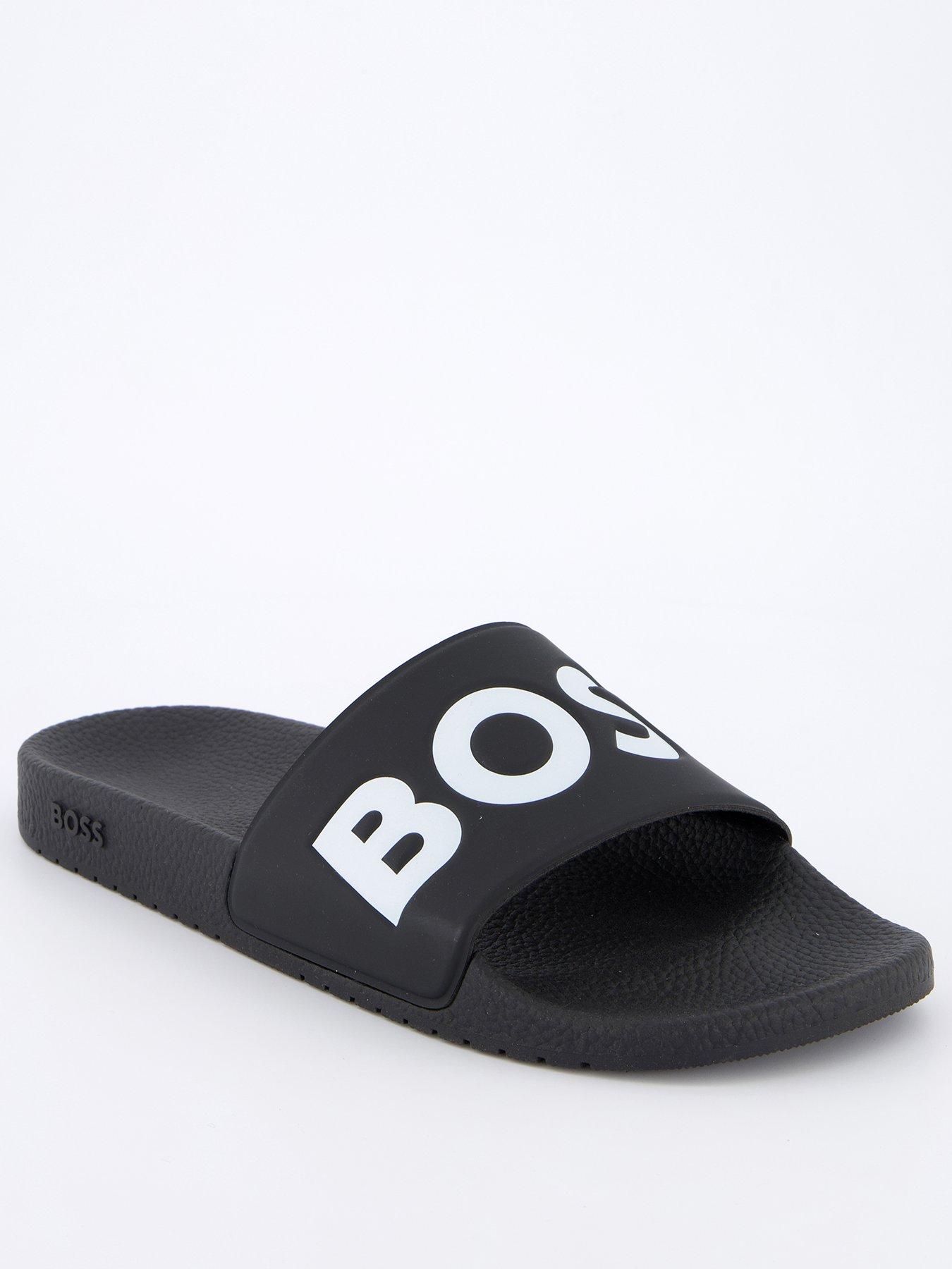 Image 1 of 6 of BOSS Mens Contrast Logo Slip-On Textured Footbed Sliders - Black