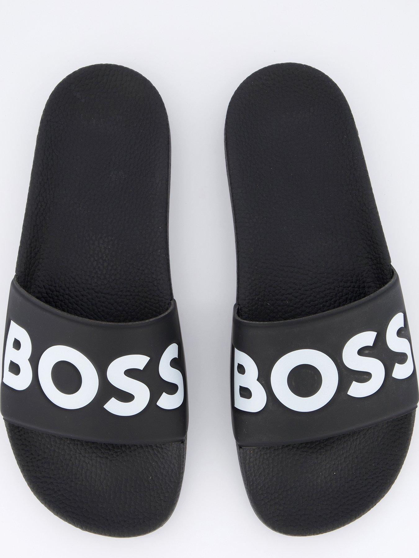 Image 3 of 6 of BOSS Mens Contrast Logo Slip-On Textured Footbed Sliders - Black