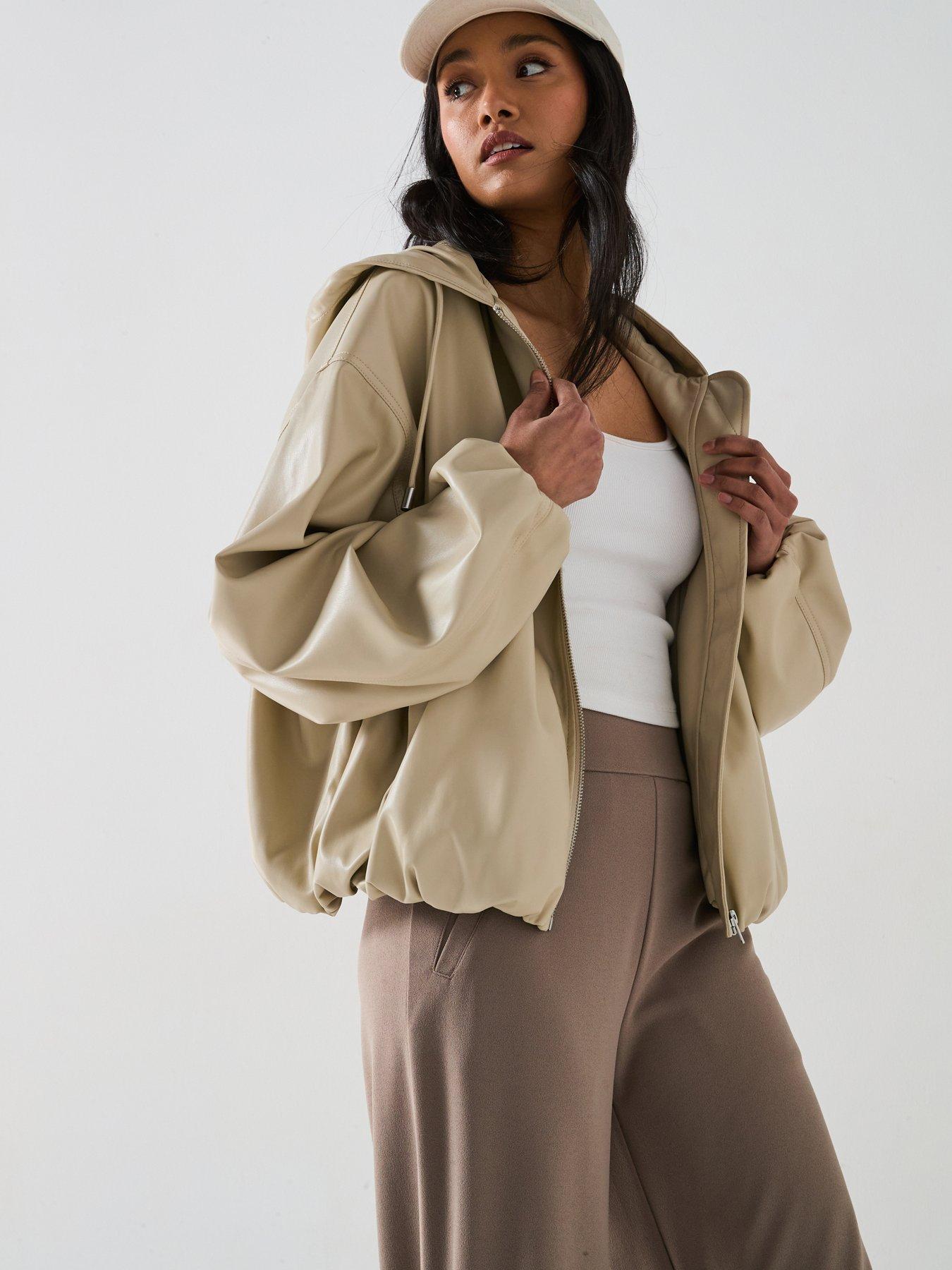V by Very Faux Leather Hooded Bomber Jacket - Cream