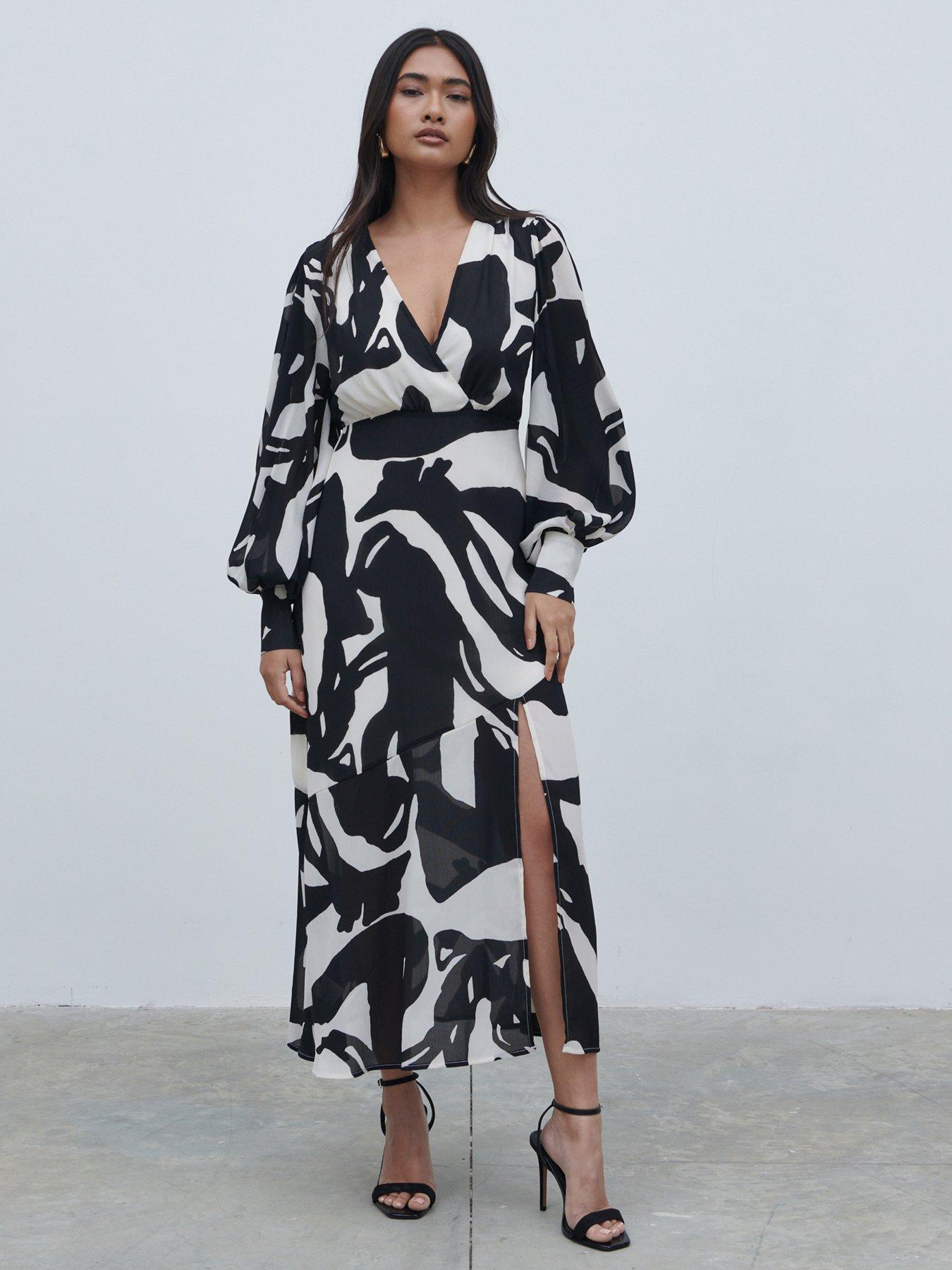 undefined Printed Balloon Sleeve Dress - Black  &  White - Multi
