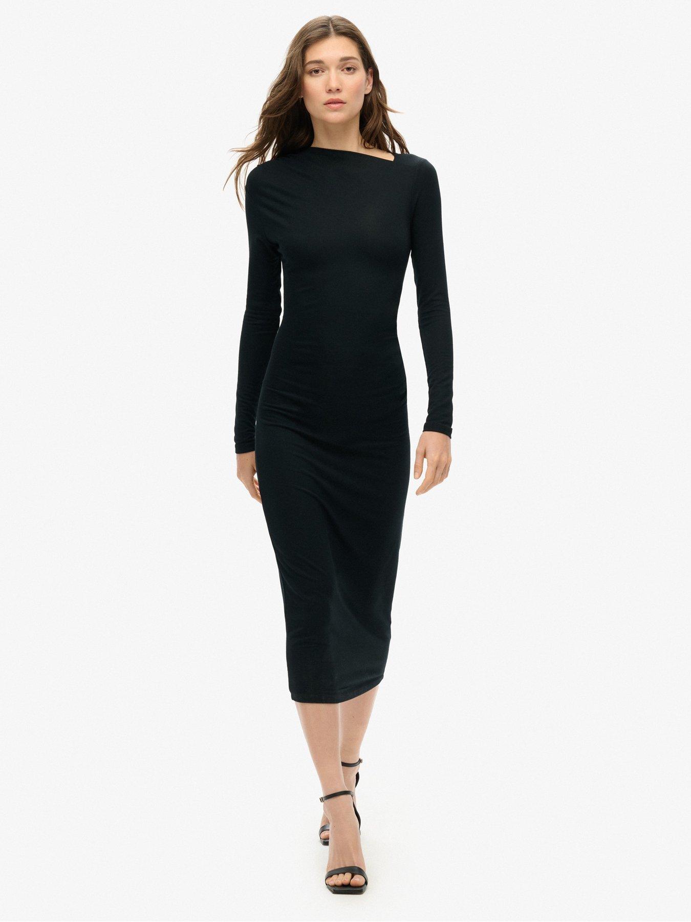 undefined Long Sleeve Ruched Midi Dress - Black