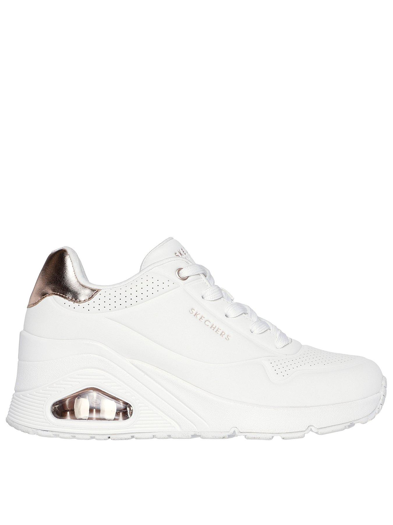  image of skechers-uno-duraleather-wedge-trainer-white-duraleather-rose-gold-trim
