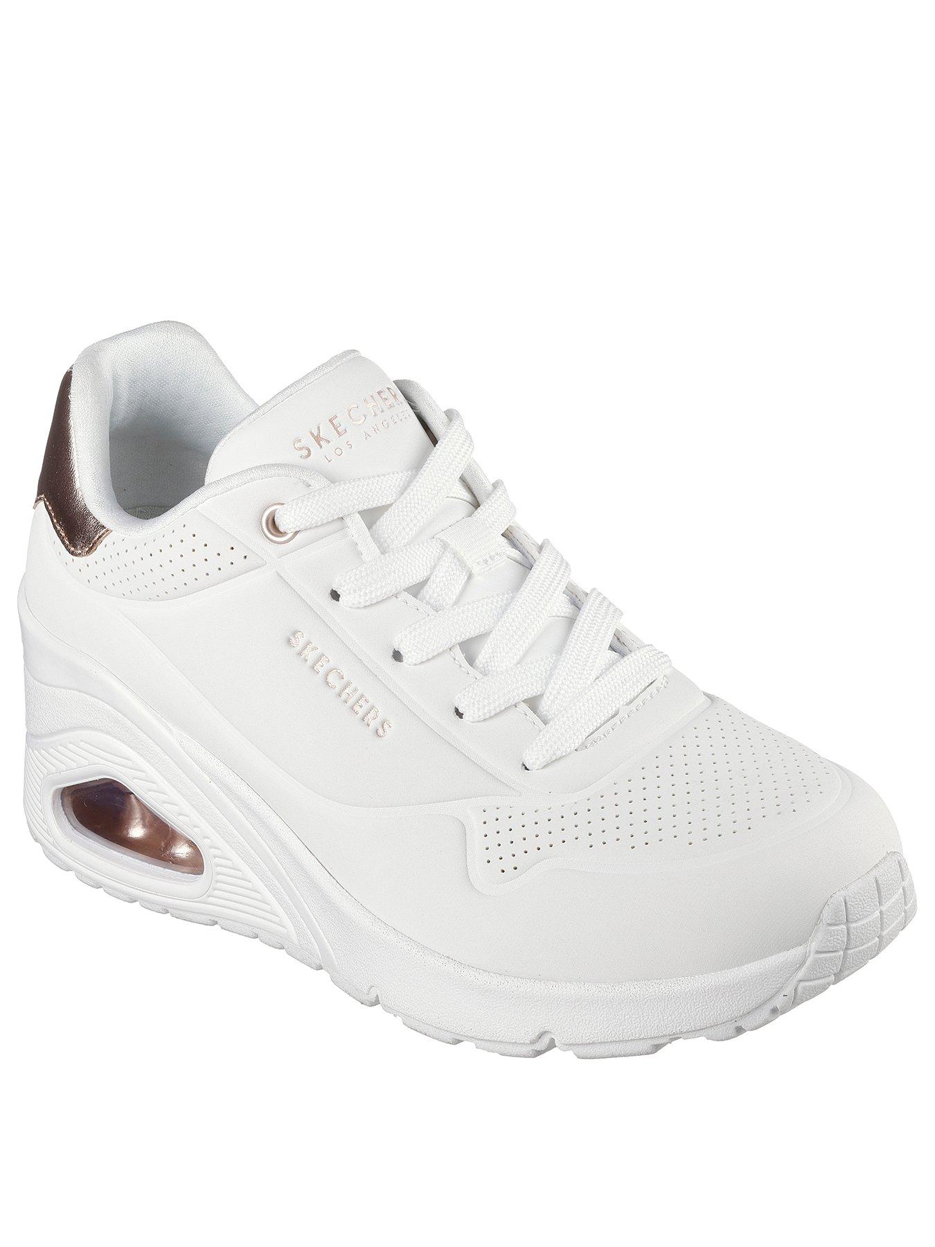  image of skechers-uno-duraleather-wedge-trainer-white-duraleather-rose-gold-trim