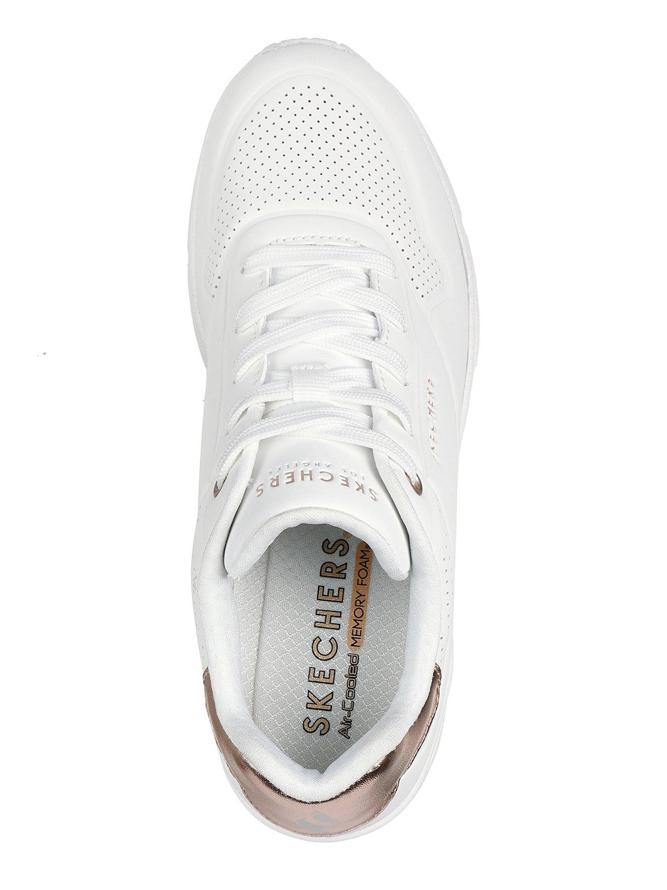  image of skechers-uno-duraleather-wedge-trainer-white-duraleather-rose-gold-trim