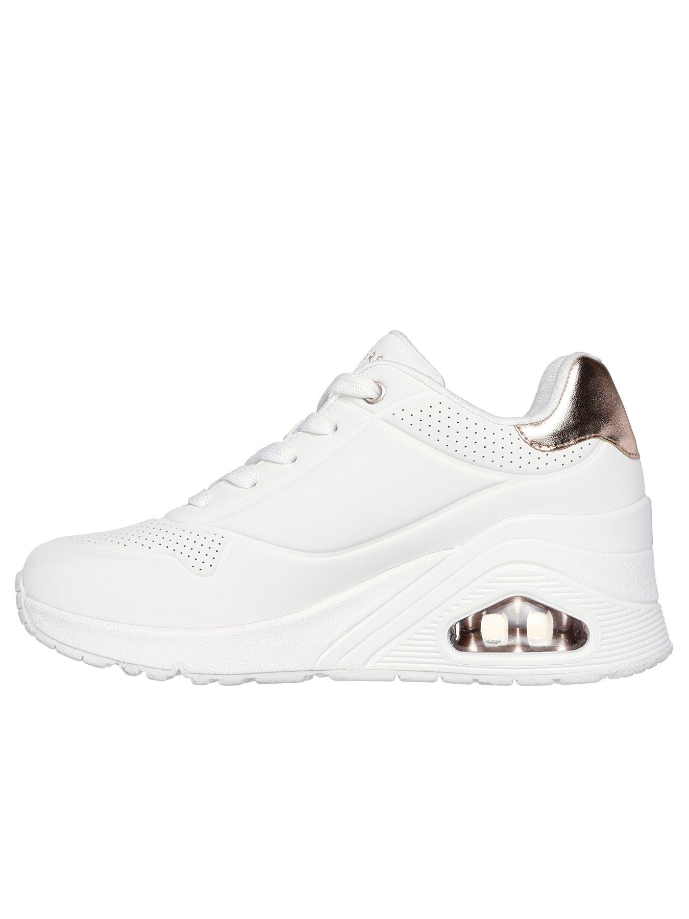  image of skechers-uno-duraleather-wedge-trainer-white-duraleather-rose-gold-trim