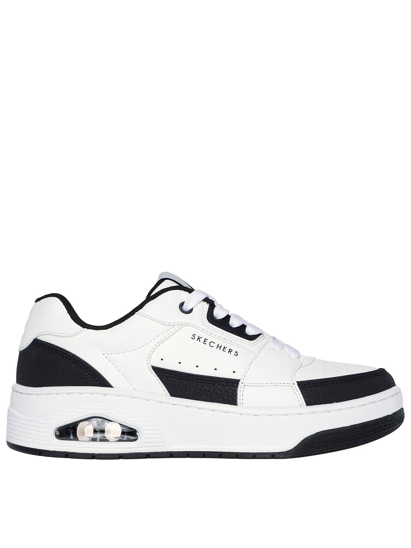 Skechers Uno Court Embossed Leather Lace Up Court Trainer - White Leather/ Duraleather Black Trim
