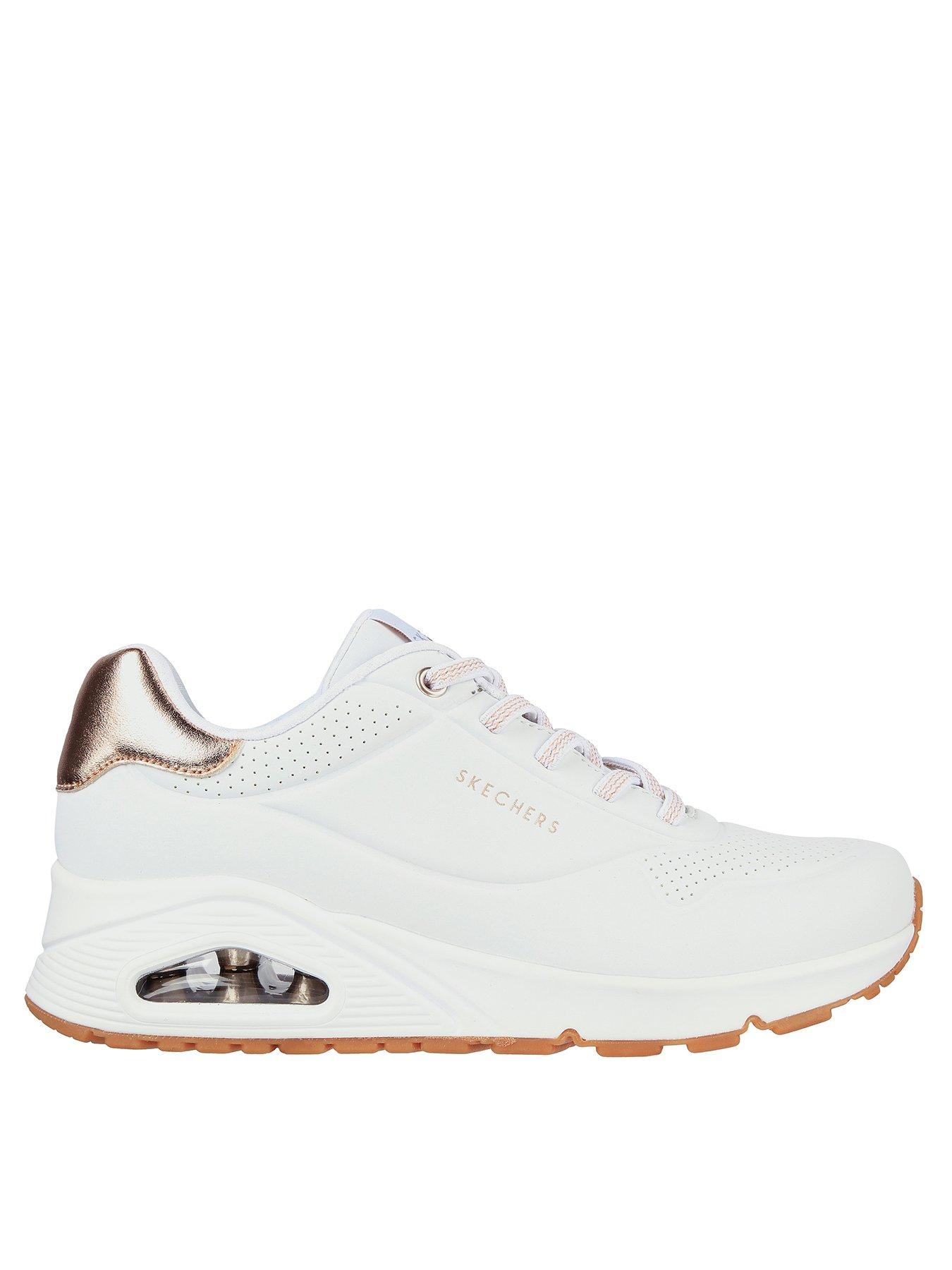 white and rose gold skechers