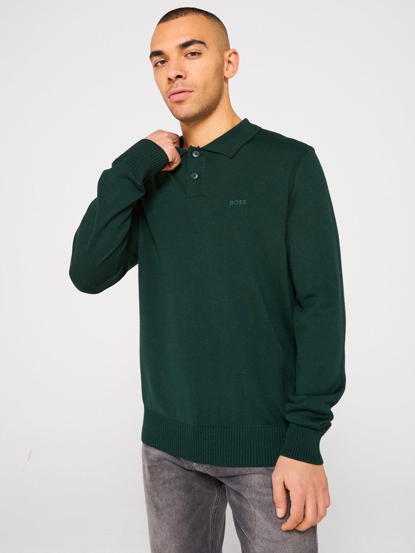  image of boss-avac-regular-fit-long-sleeve-knitted-polo-shirt-dark-green