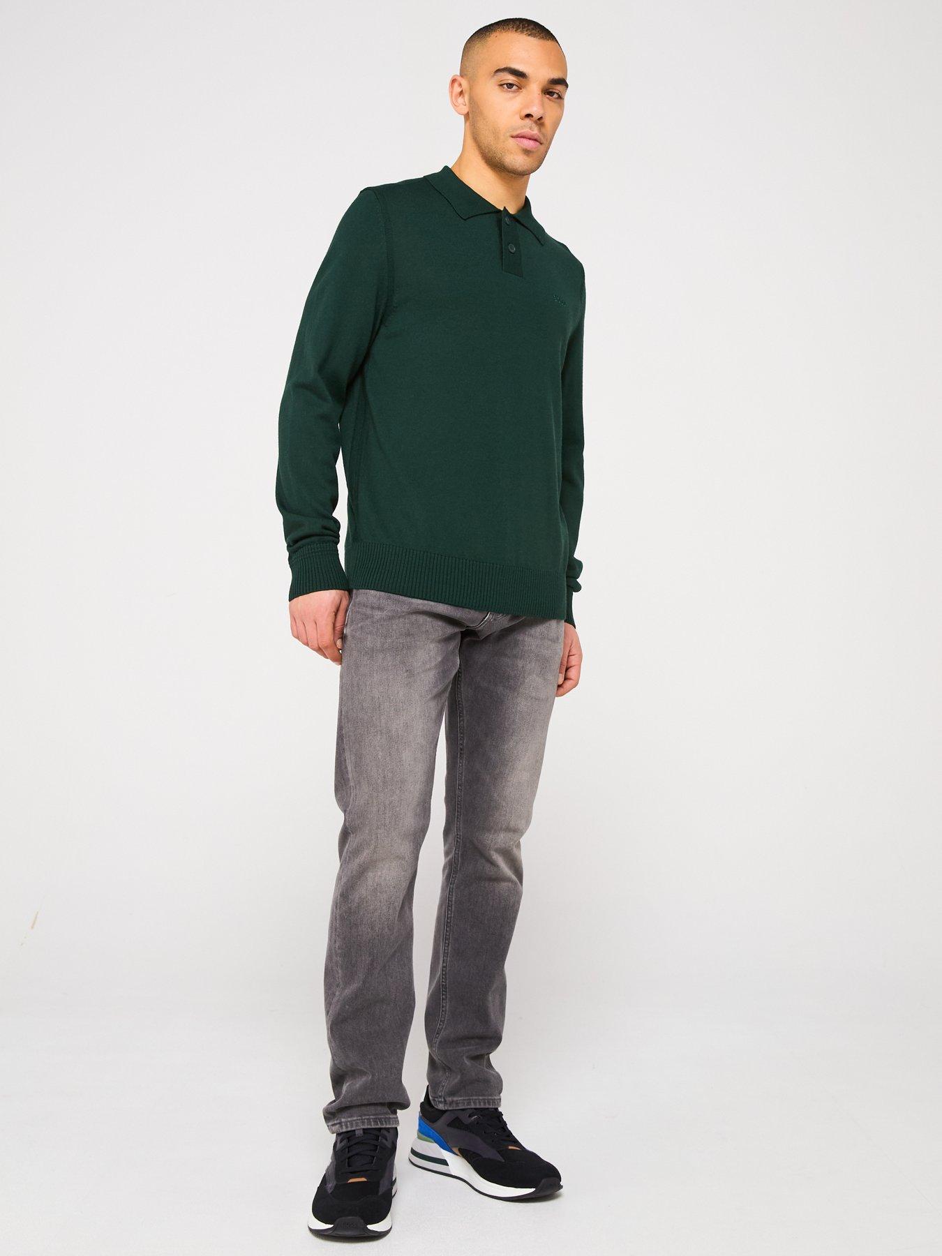  image of boss-avac-regular-fit-long-sleeve-knitted-polo-shirt-dark-green