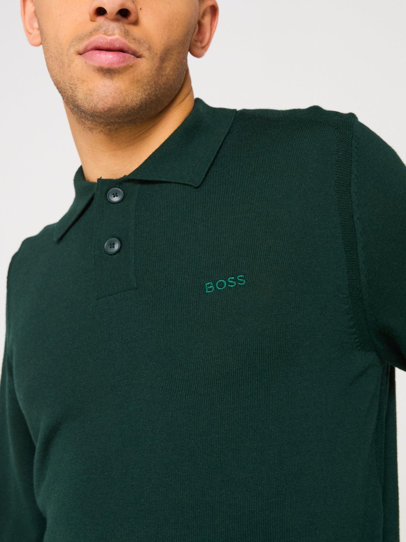  image of boss-avac-regular-fit-long-sleeve-knitted-polo-shirt-dark-green