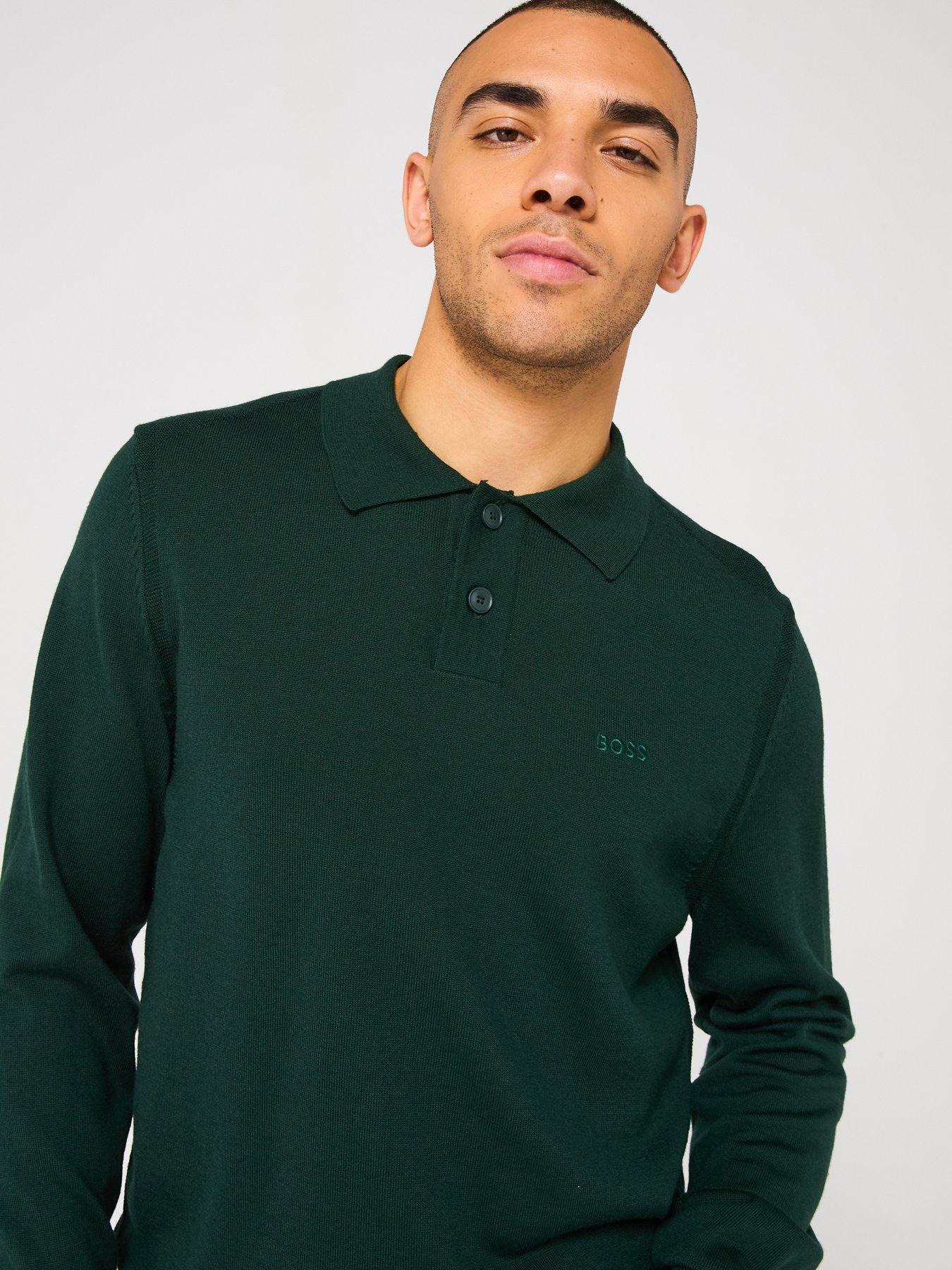  image of boss-avac-regular-fit-long-sleeve-knitted-polo-shirt-dark-green