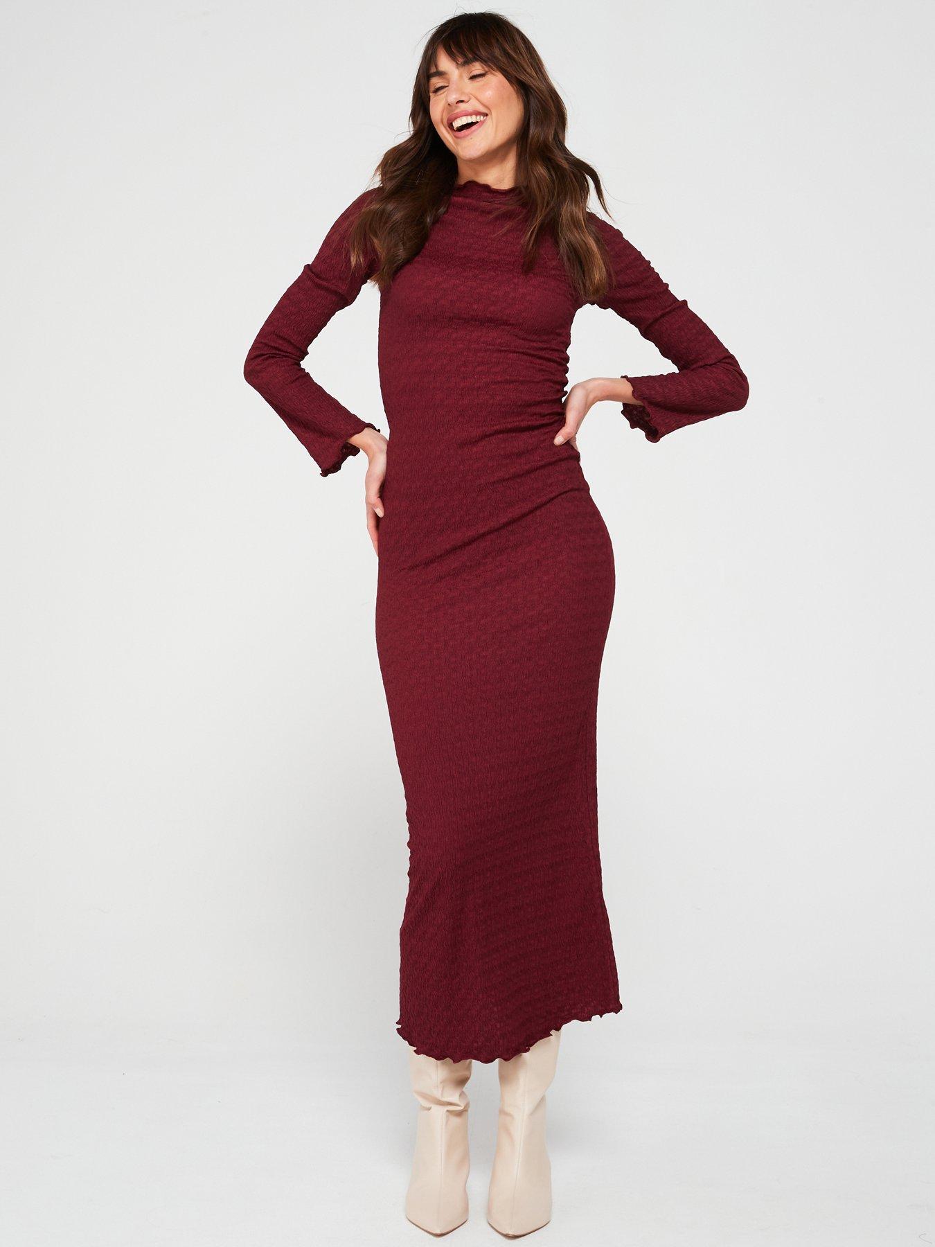 undefined Textured Fluted Sleeve High Neck Midaxi Dress - Purple