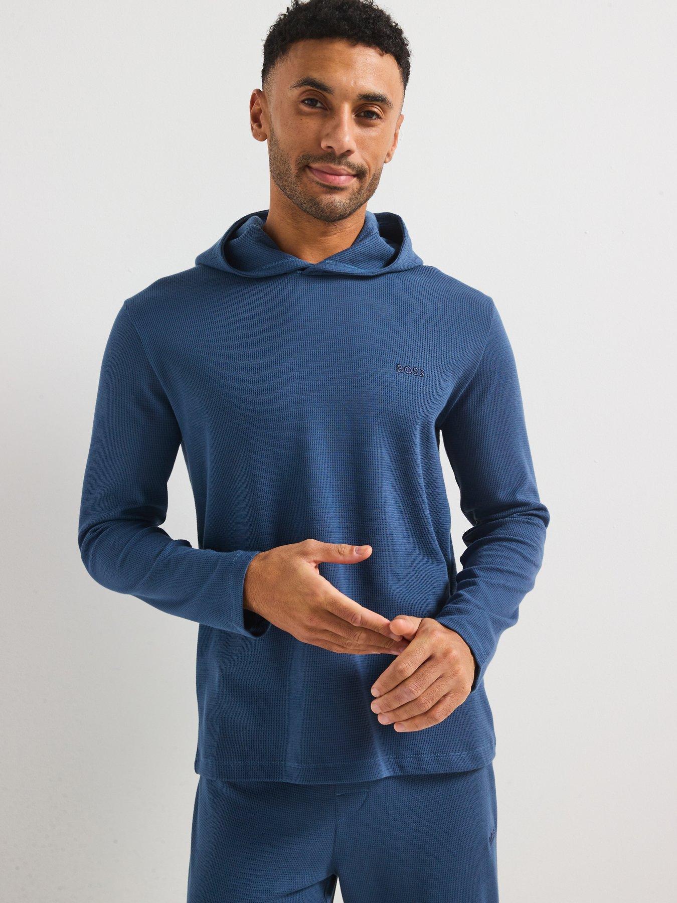  image of boss-regular-fit-waffle-loungewear-hoodie-blue
