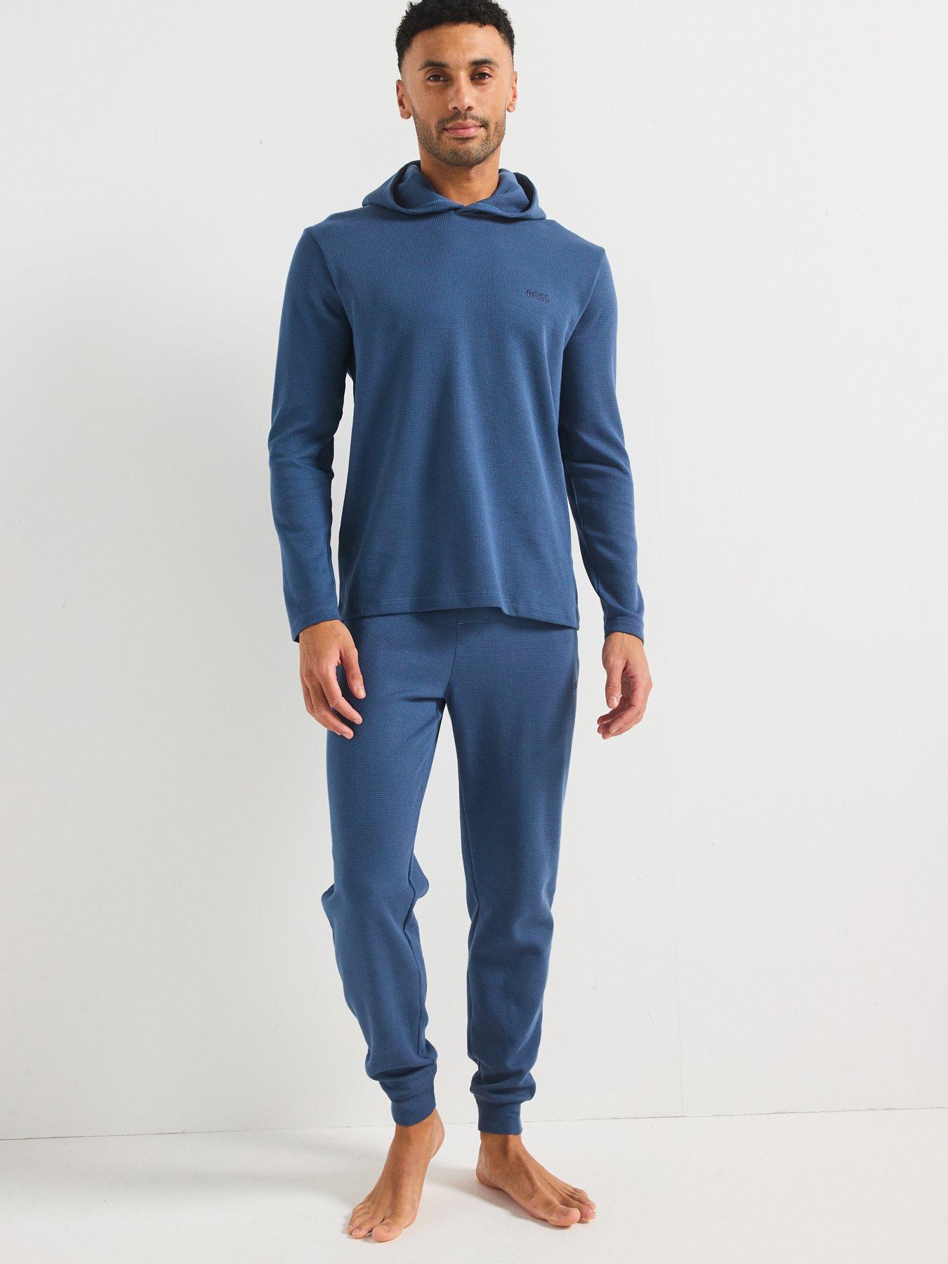  image of boss-regular-fit-waffle-loungewear-hoodie-blue