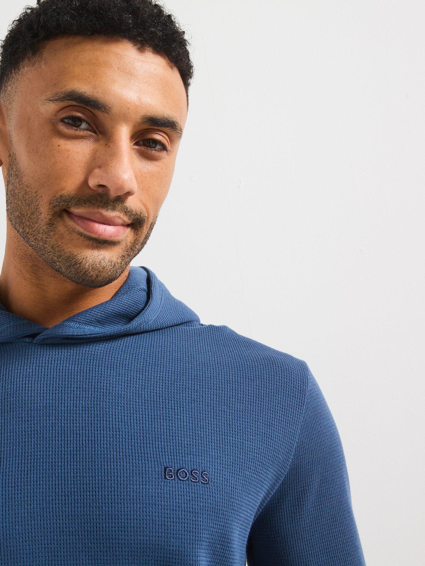  image of boss-regular-fit-waffle-loungewear-hoodie-blue