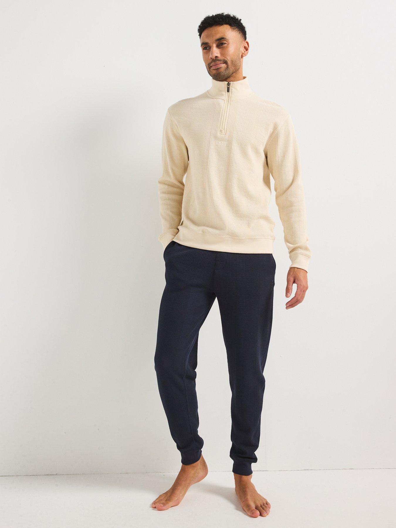  image of boss-structure-regular-fit-heavy-waffle-14-zip-loungewear-sweat-off-white