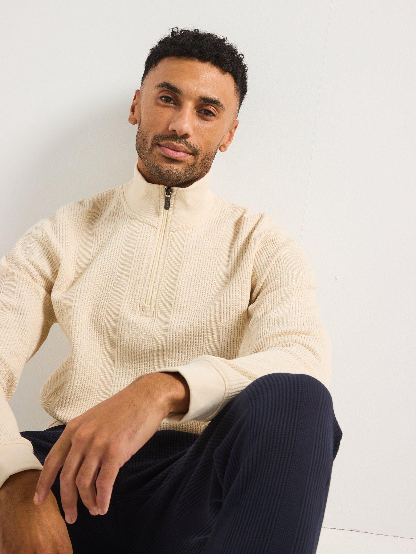  image of boss-structure-regular-fit-heavy-waffle-14-zip-loungewear-sweat-off-white