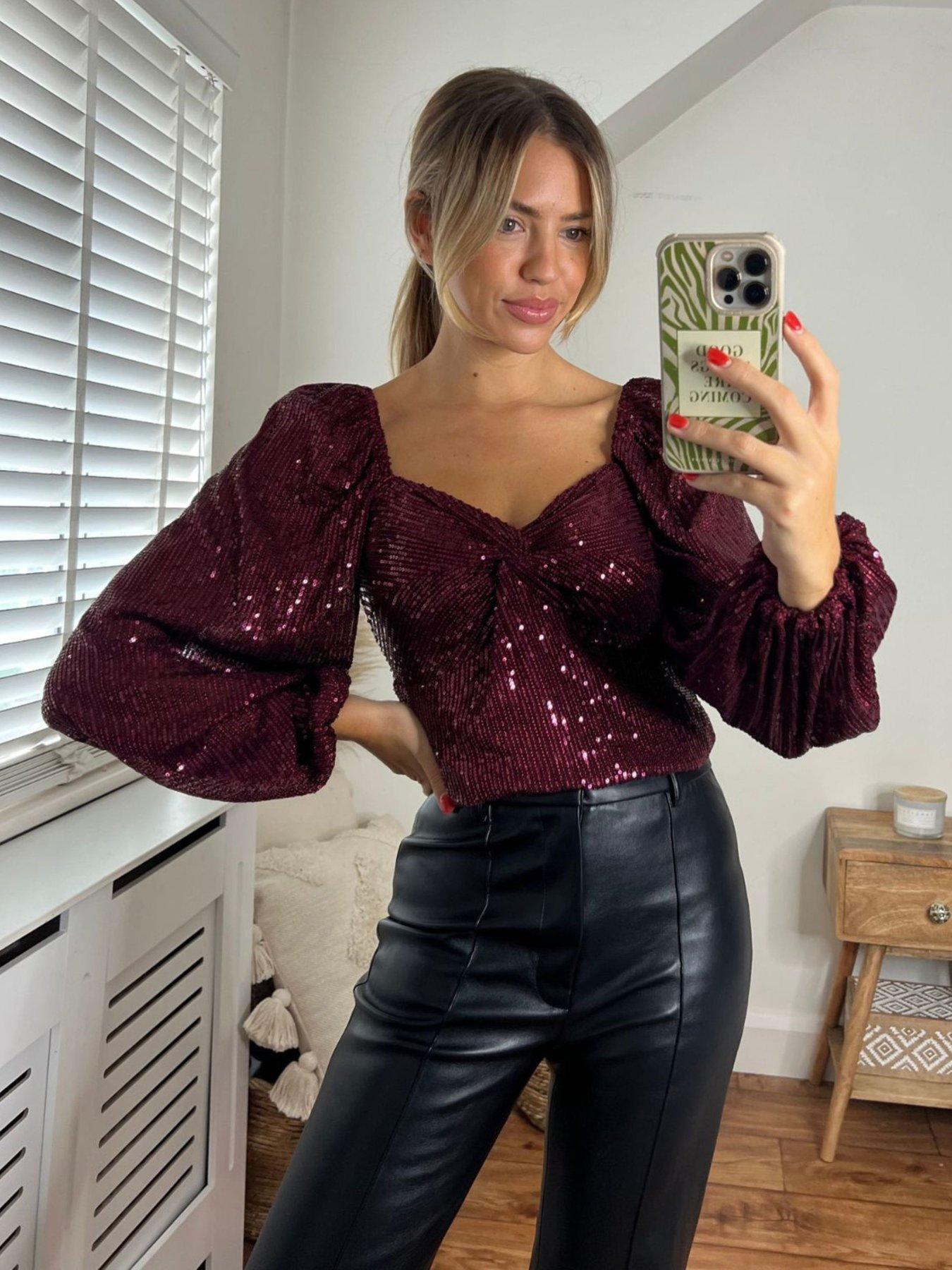 undefined Balloon Sleeve Sequin Top - Mulberry - Red