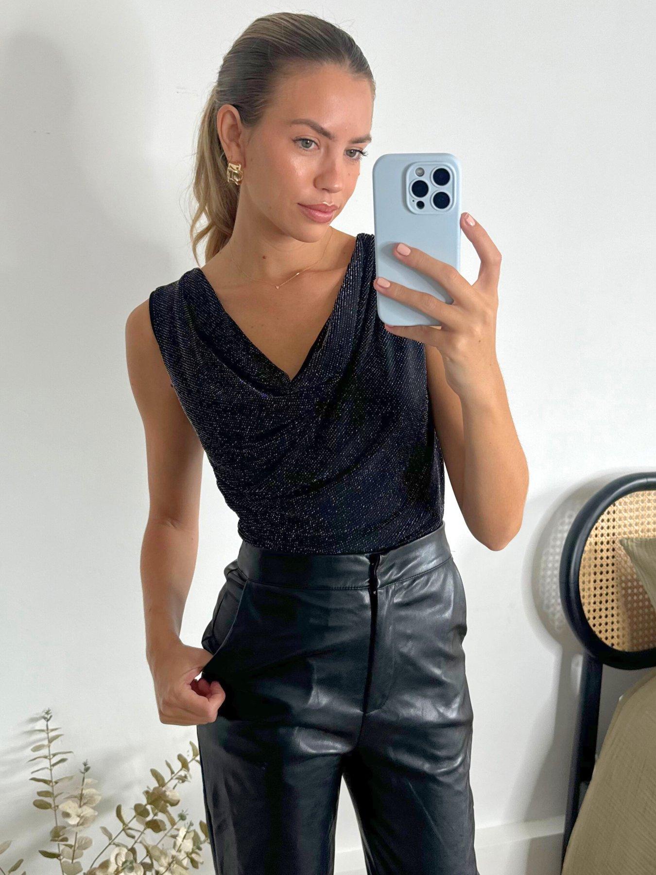 undefined Lurex Draped Ruched Top - Black