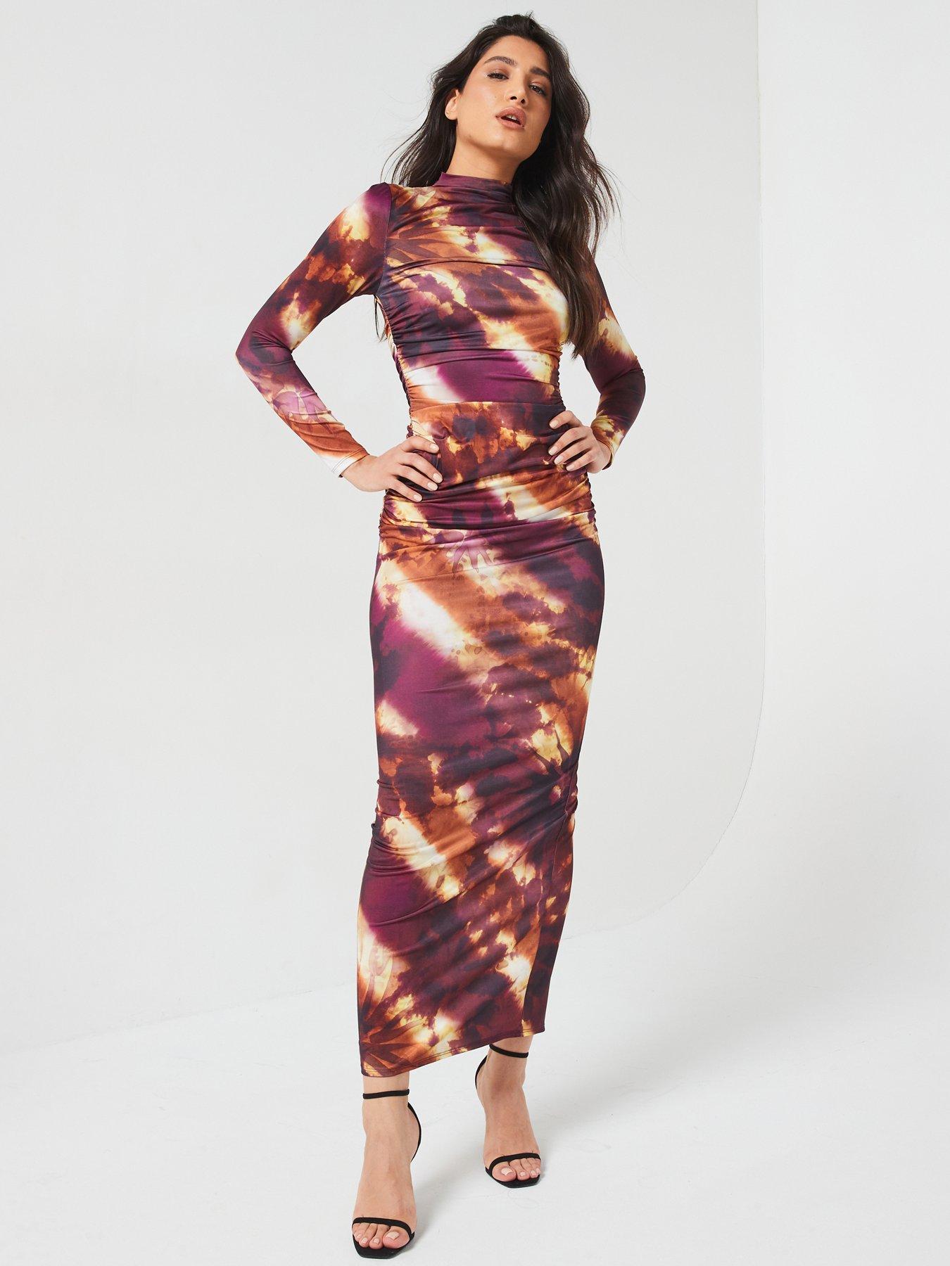 undefined Long Sleeve Ruched Printed Dress - Brown